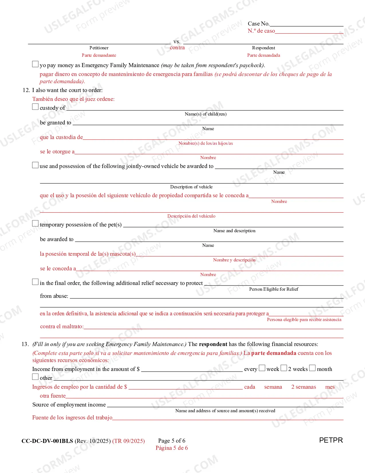 Preview Petition For Protection From Domestic Violence/Child Abuse/Vulnerable Adult Abuse (Bilingual - Spanish Format)