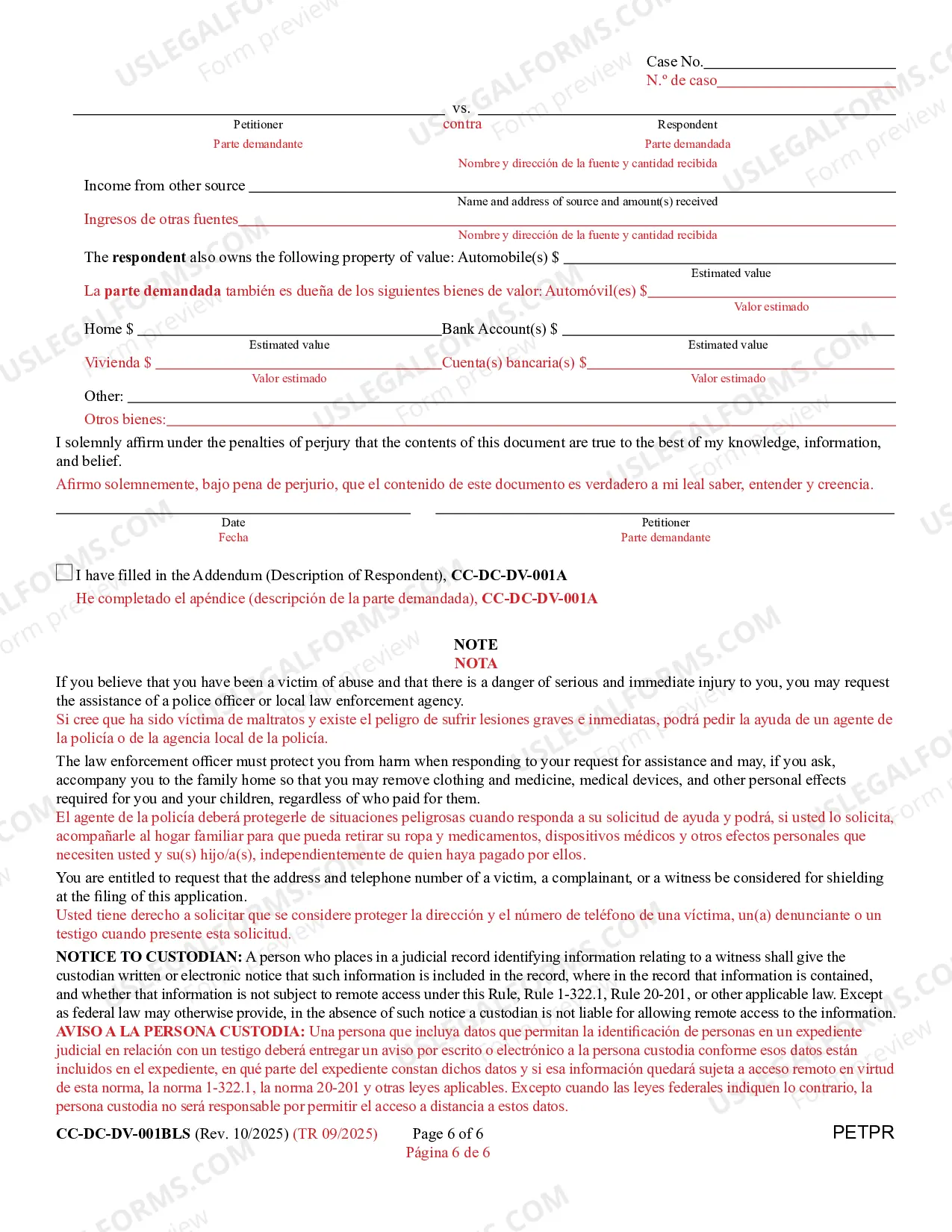 Preview Petition For Protection From Domestic Violence/Child Abuse/Vulnerable Adult Abuse (Bilingual - Spanish Format)