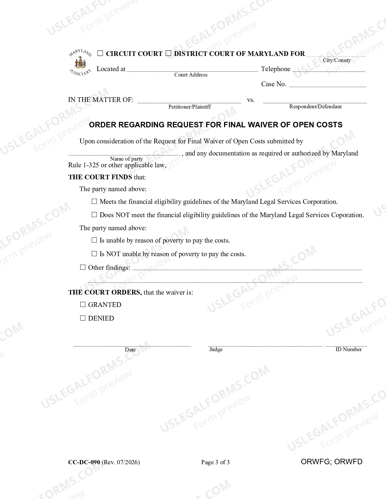 Preview Request for Final Waiver of Open Costs