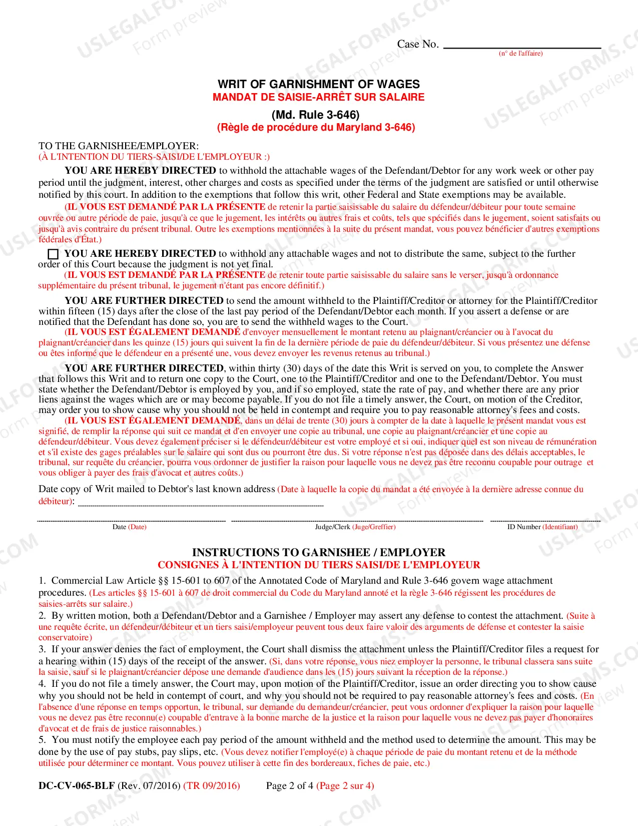 Preview Request for Garnishment on Wages (Bilingual - French Format)