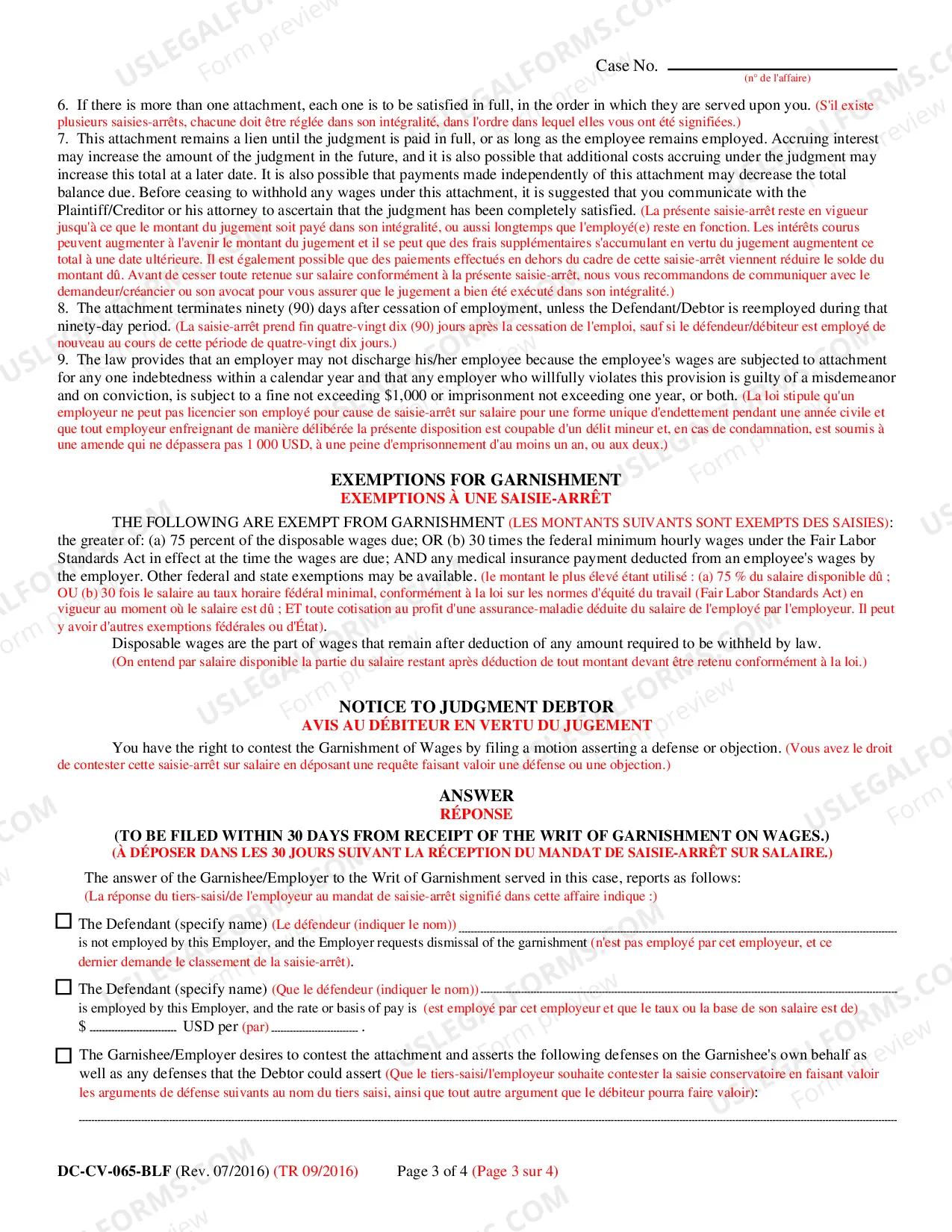 Preview Request for Garnishment on Wages (Bilingual - French Format)