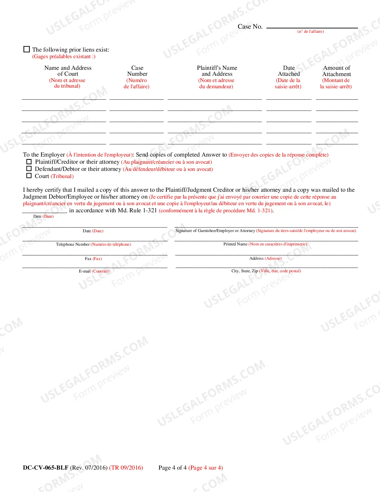 Preview Request for Garnishment on Wages (Bilingual - French Format)