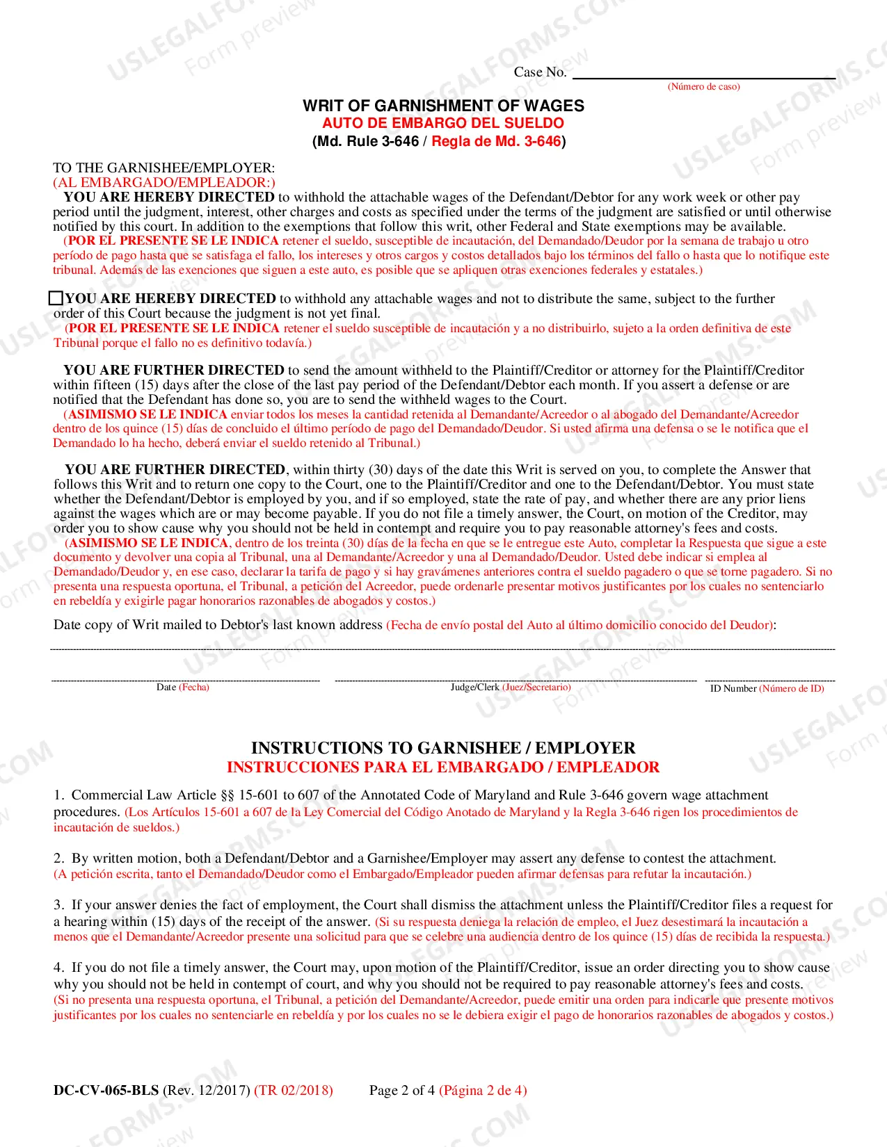 Preview Request for Garnishment on Wages (Bilingual - Spanish Format)