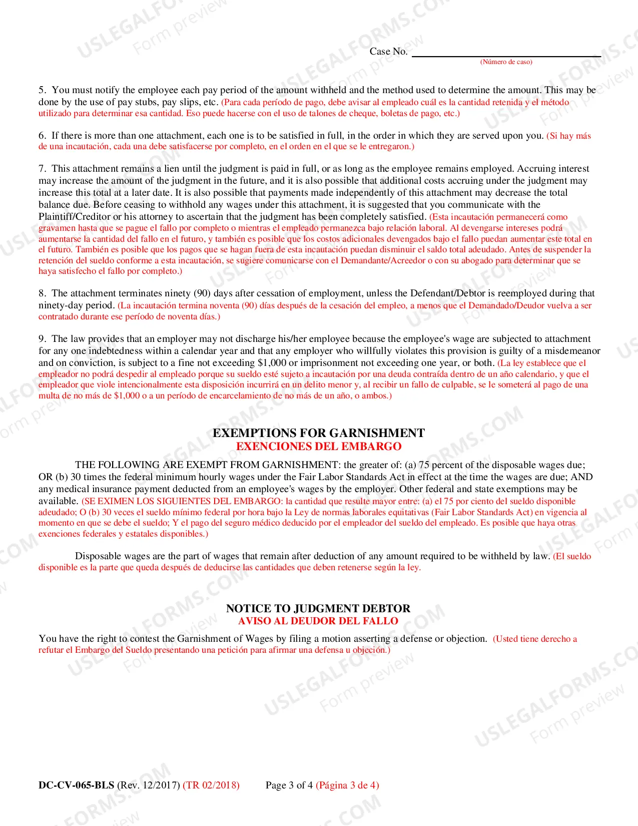 Preview Request for Garnishment on Wages (Bilingual - Spanish Format)