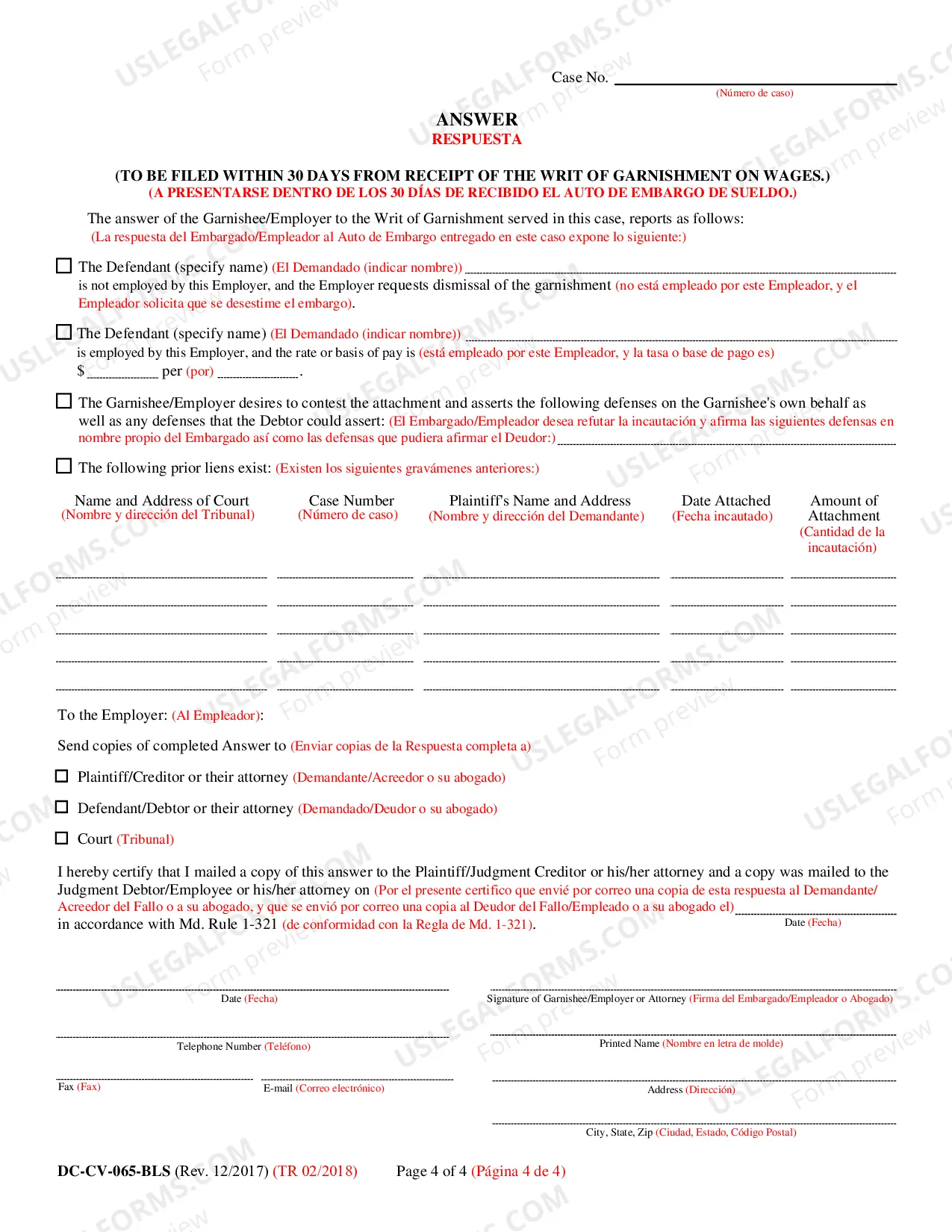 Preview Request for Garnishment on Wages (Bilingual - Spanish Format)