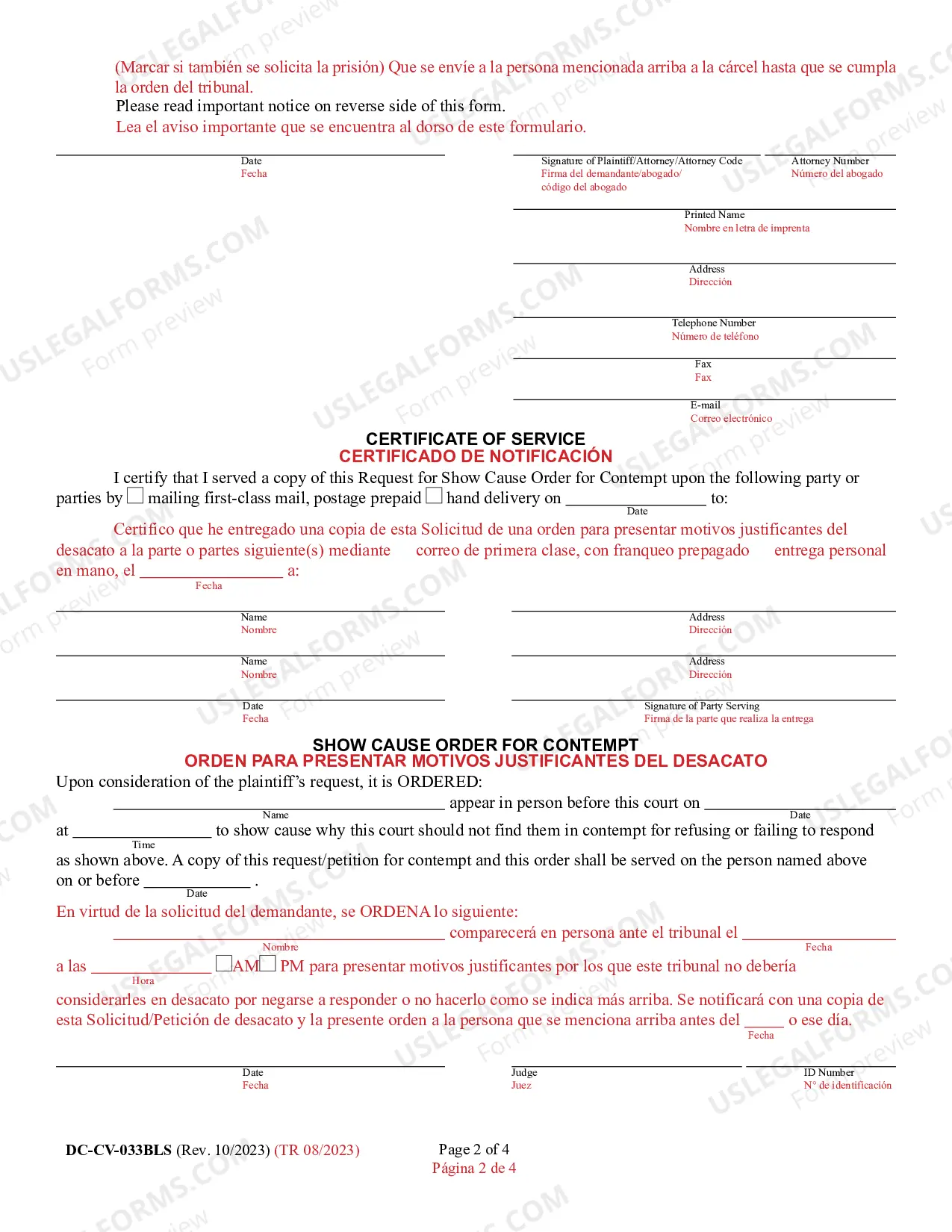 Preview Request for Show Cause Order for Contempt/Show Cause Order for Contempt (Bilingual - Spanish Format)