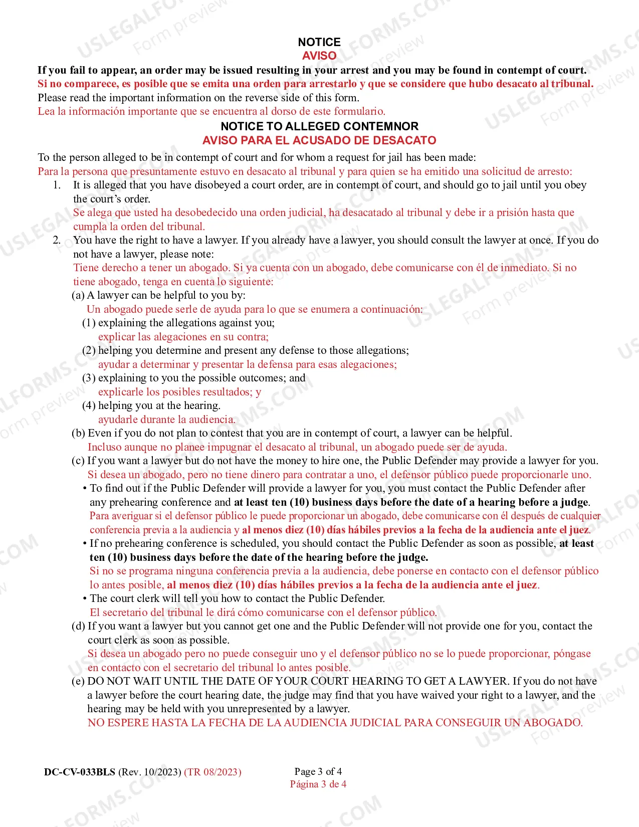 Preview Request for Show Cause Order for Contempt/Show Cause Order for Contempt (Bilingual - Spanish Format)