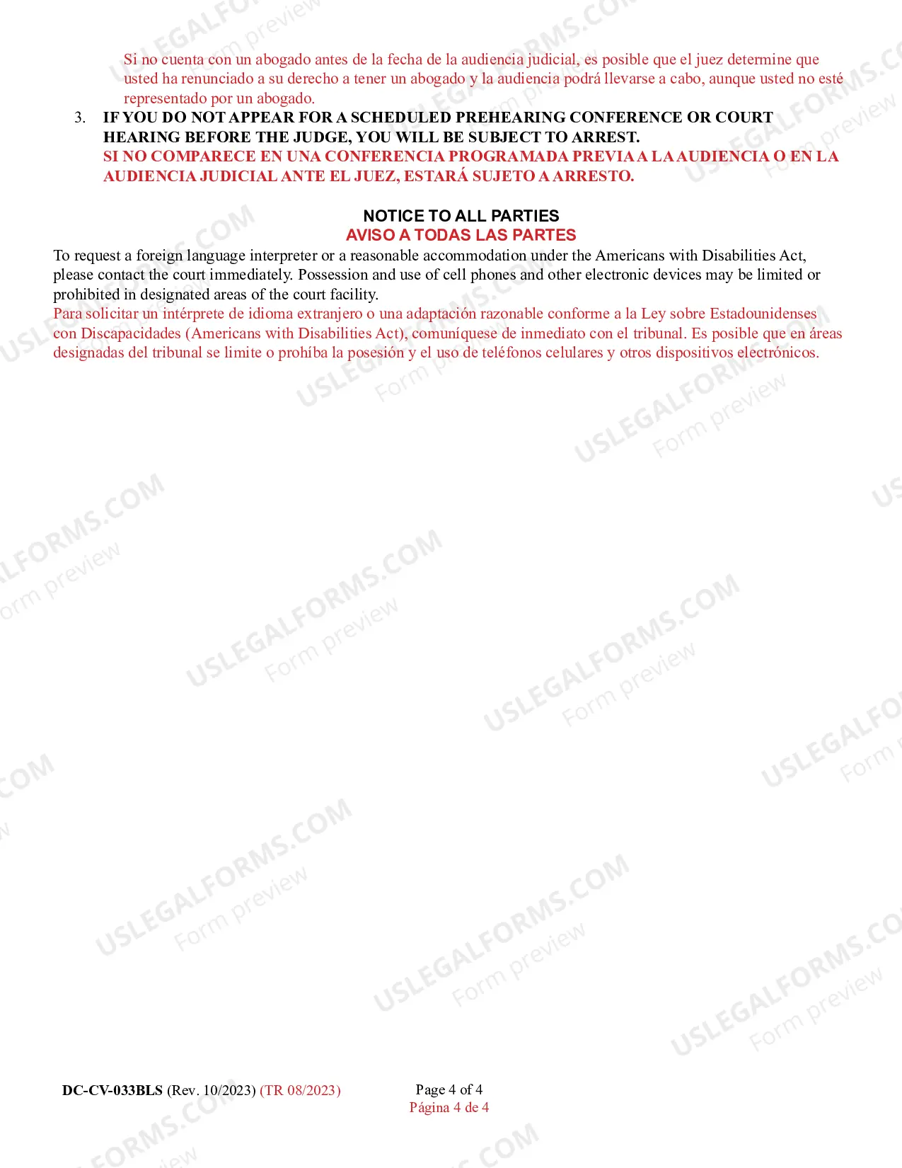Preview Request for Show Cause Order for Contempt/Show Cause Order for Contempt (Bilingual - Spanish Format)