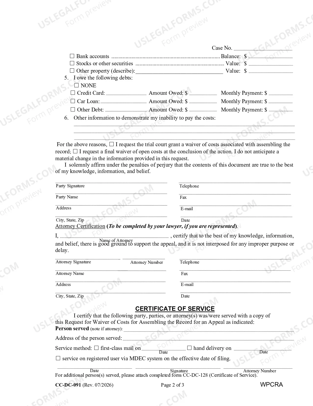 Preview Request for Waiver of Prepaid Costs for Assembling the Record for an Appeal