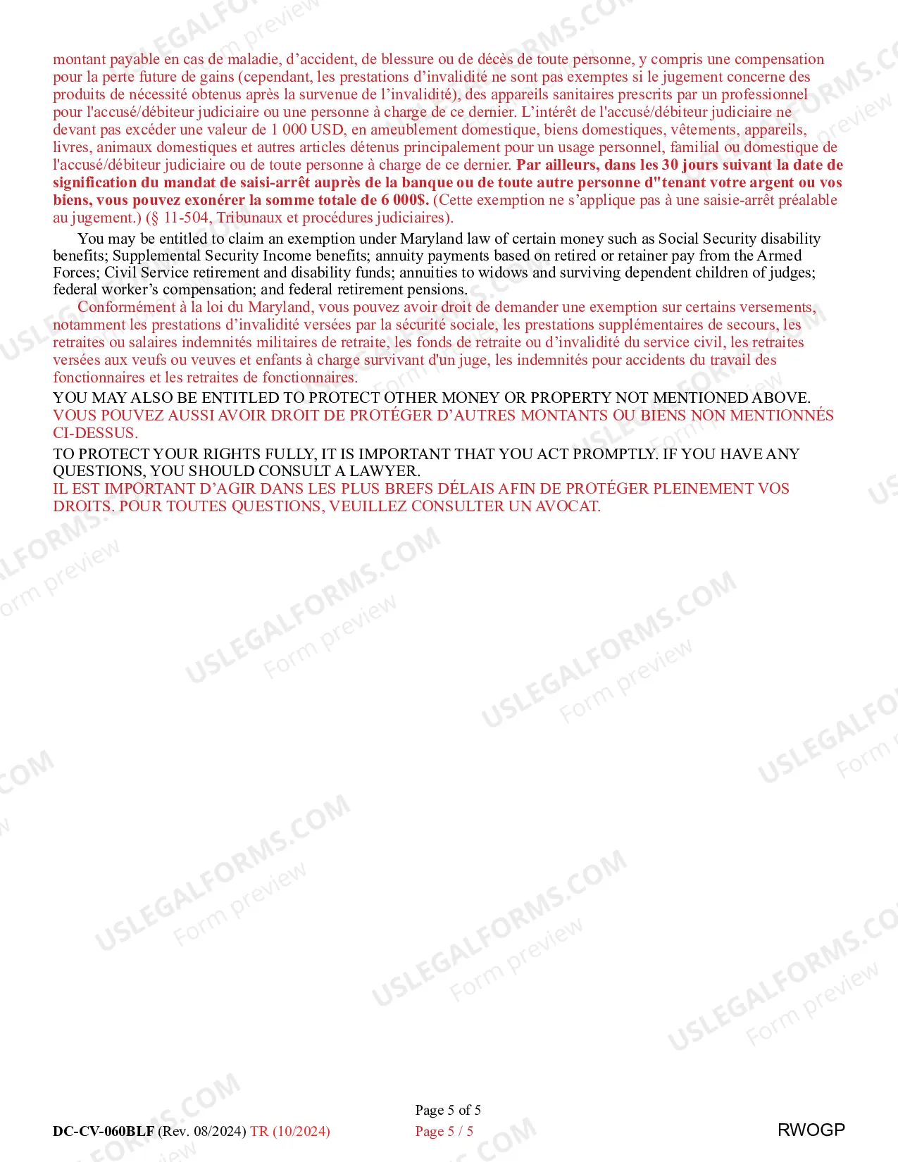 Preview Request/Writ/Notice for Garnishment of Property Other than Wages (Bilingual - French Format)
