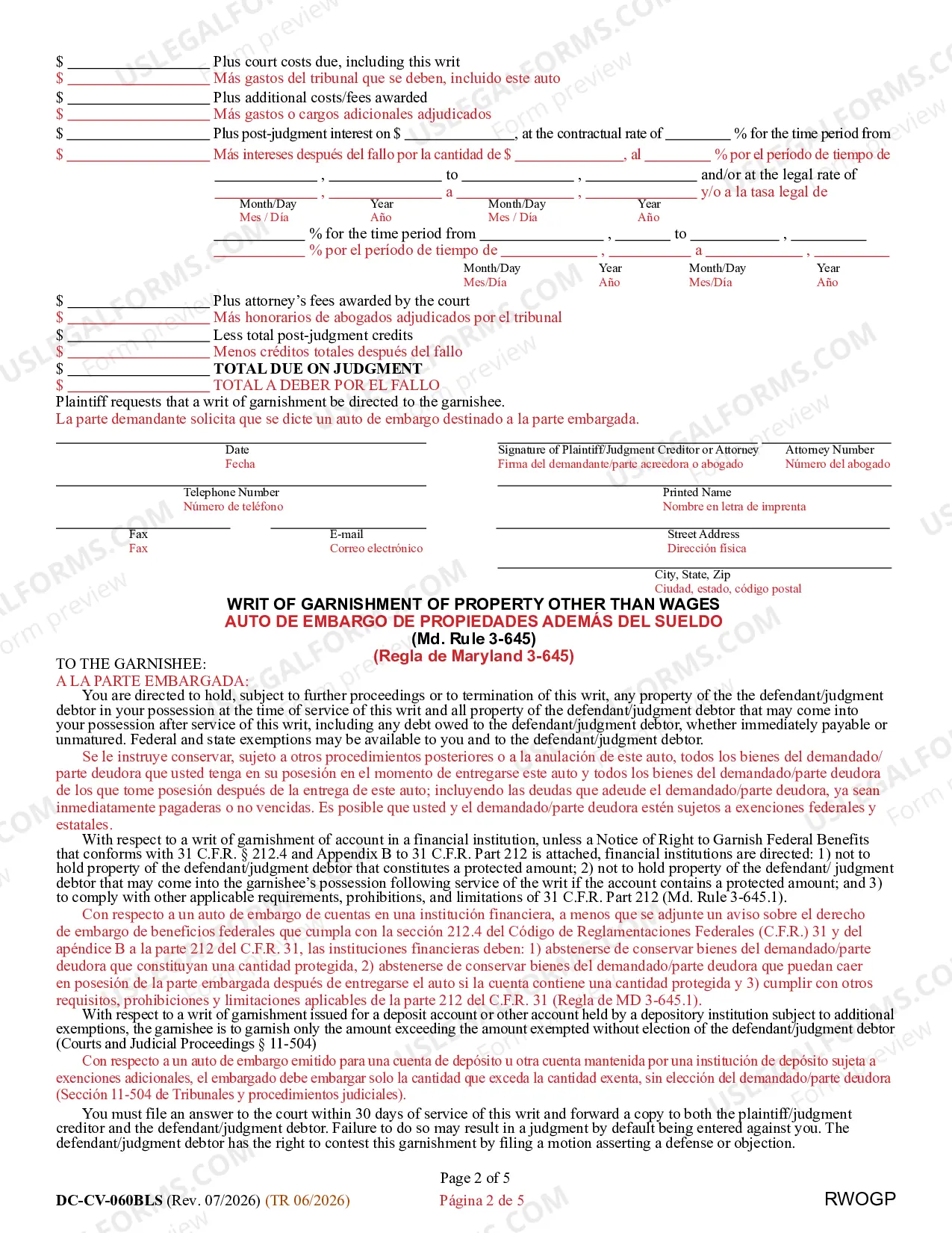 Preview Request/Writ/Notice for Garnishment of Property Other than Wages (Bilingual - Spanish Format)