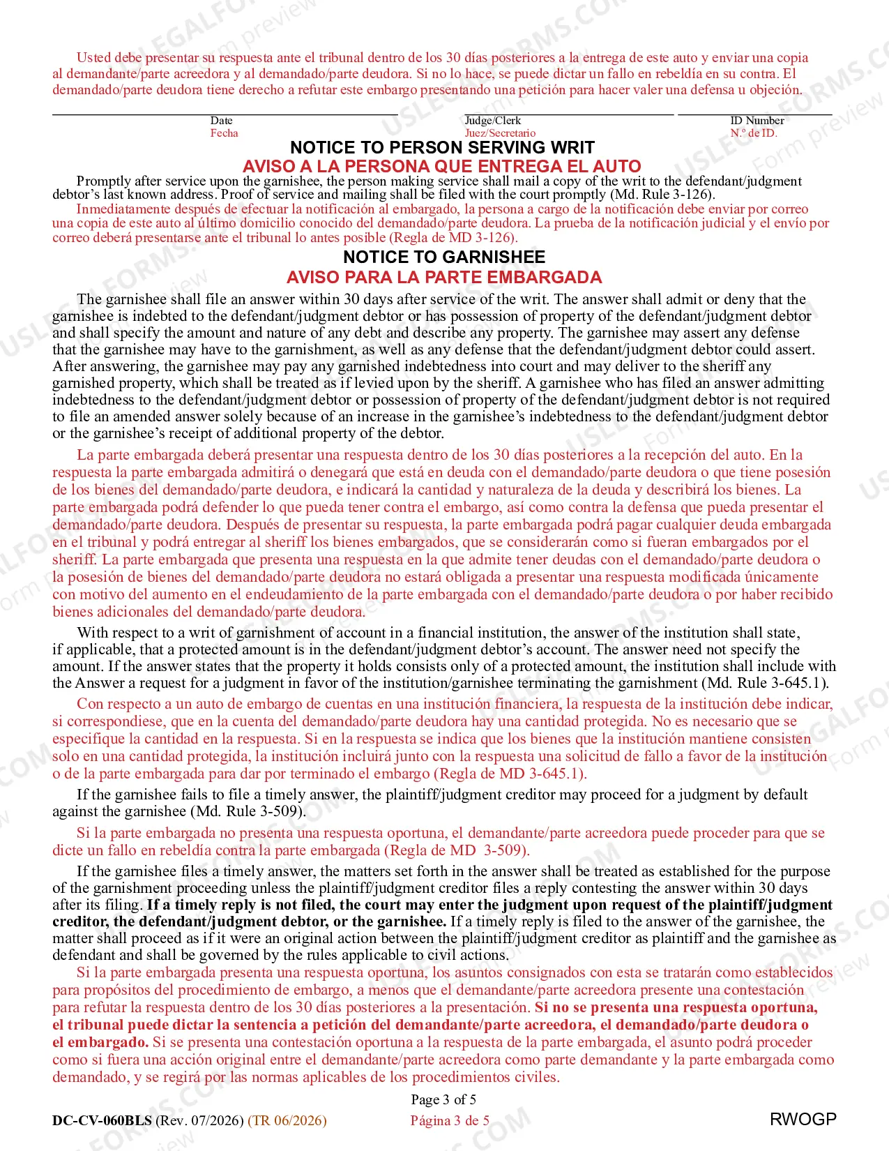 Preview Request/Writ/Notice for Garnishment of Property Other than Wages (Bilingual - Spanish Format)