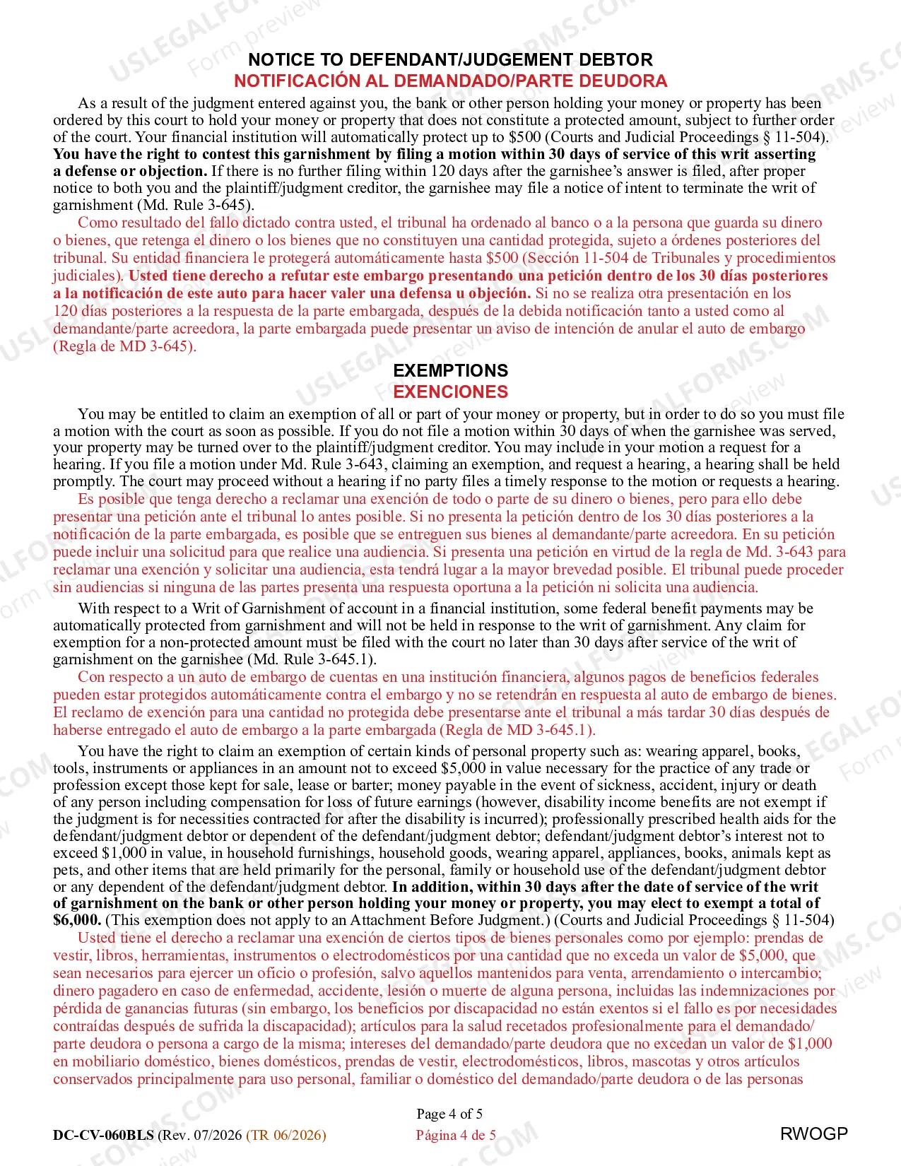 Preview Request/Writ/Notice for Garnishment of Property Other than Wages (Bilingual - Spanish Format)