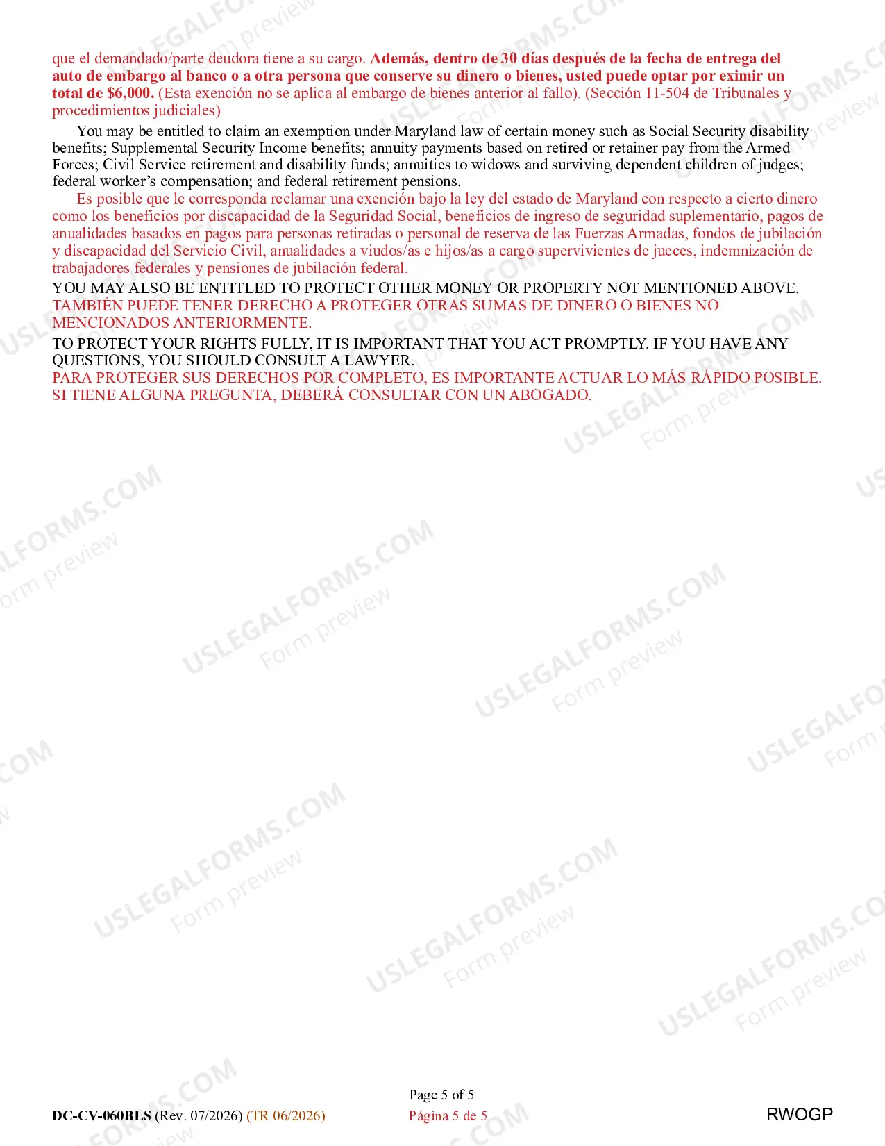Preview Request/Writ/Notice for Garnishment of Property Other than Wages (Bilingual - Spanish Format)