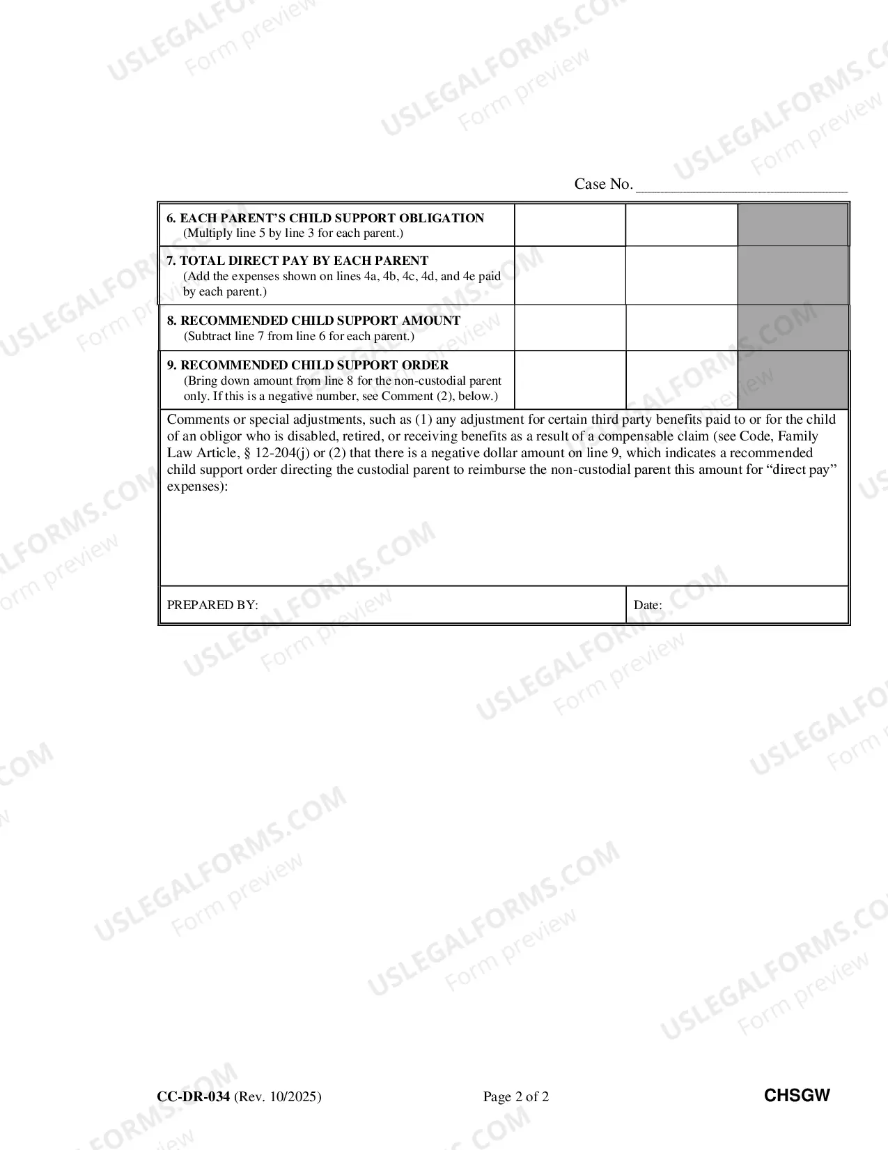 Preview Worksheet A - Child Support Obligation - Primary Physical Custody
