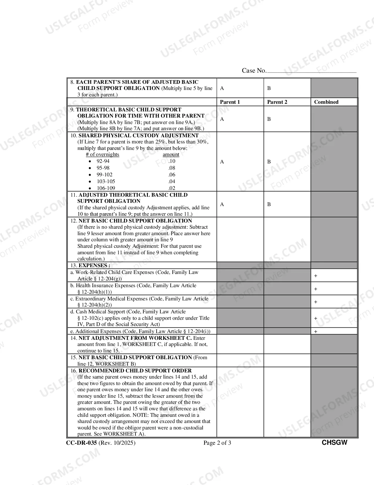 Preview Worksheet B - Child Support Obligation - Shared Physical Custody