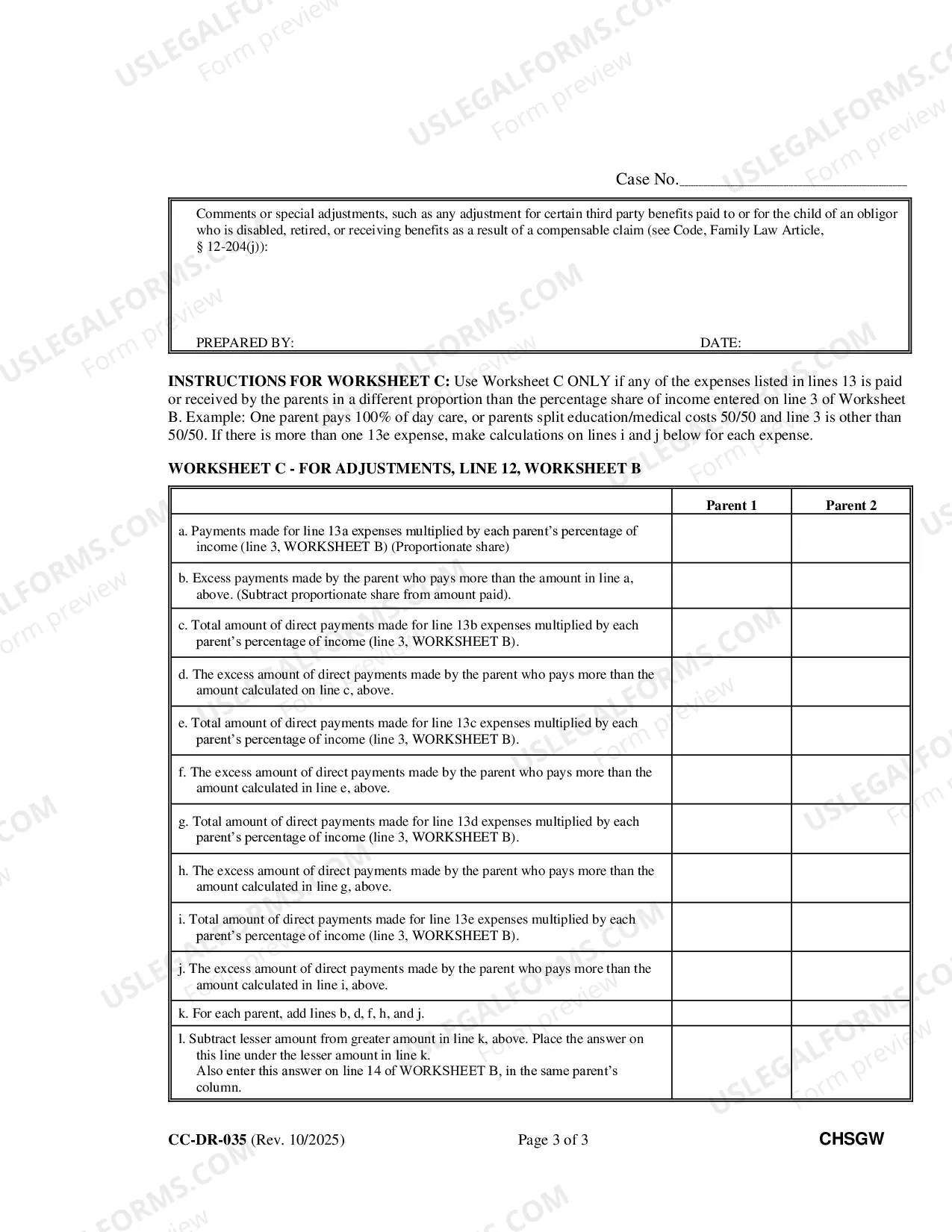 Preview Worksheet B - Child Support Obligation - Shared Physical Custody