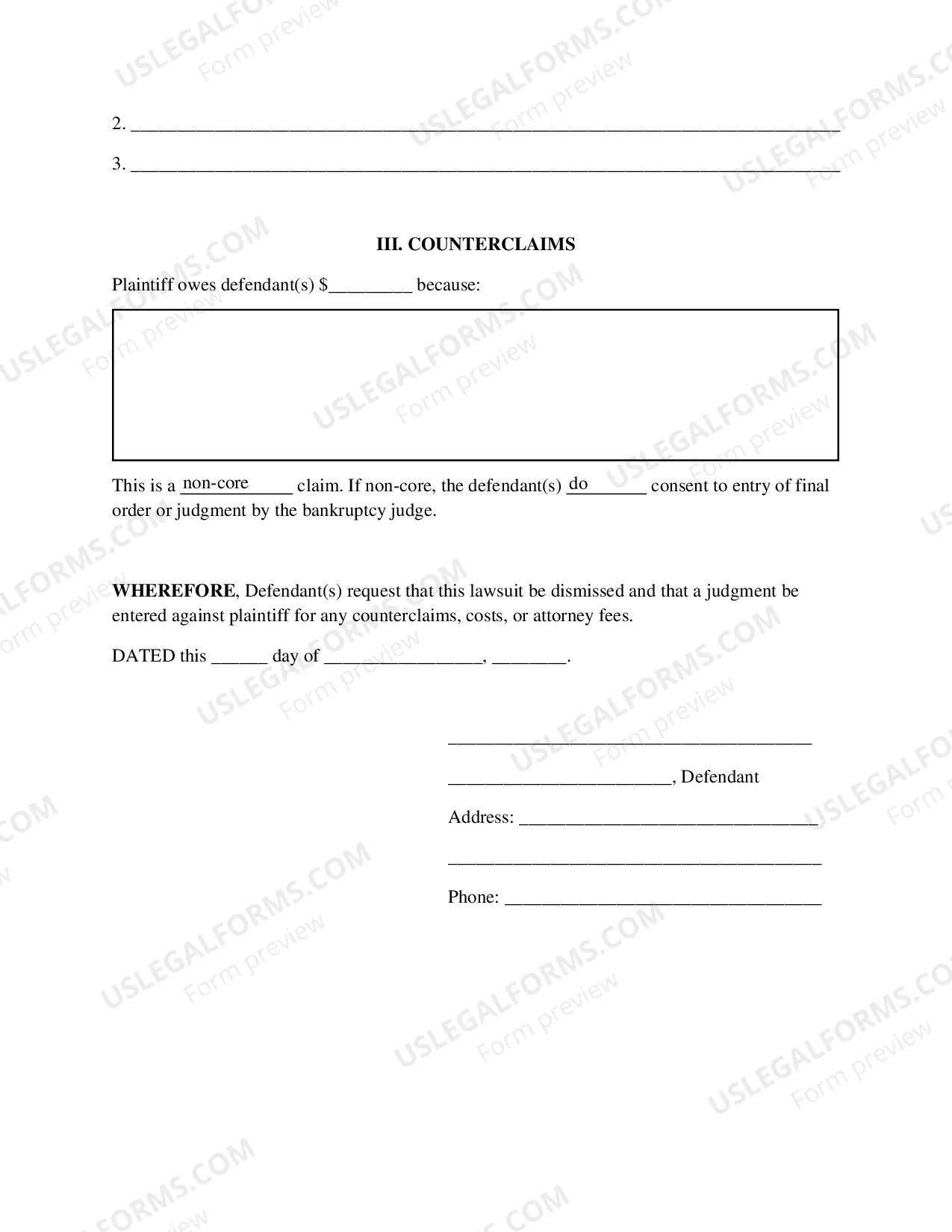 Preview Self-Represented (Pro Se) Answer and Instructions