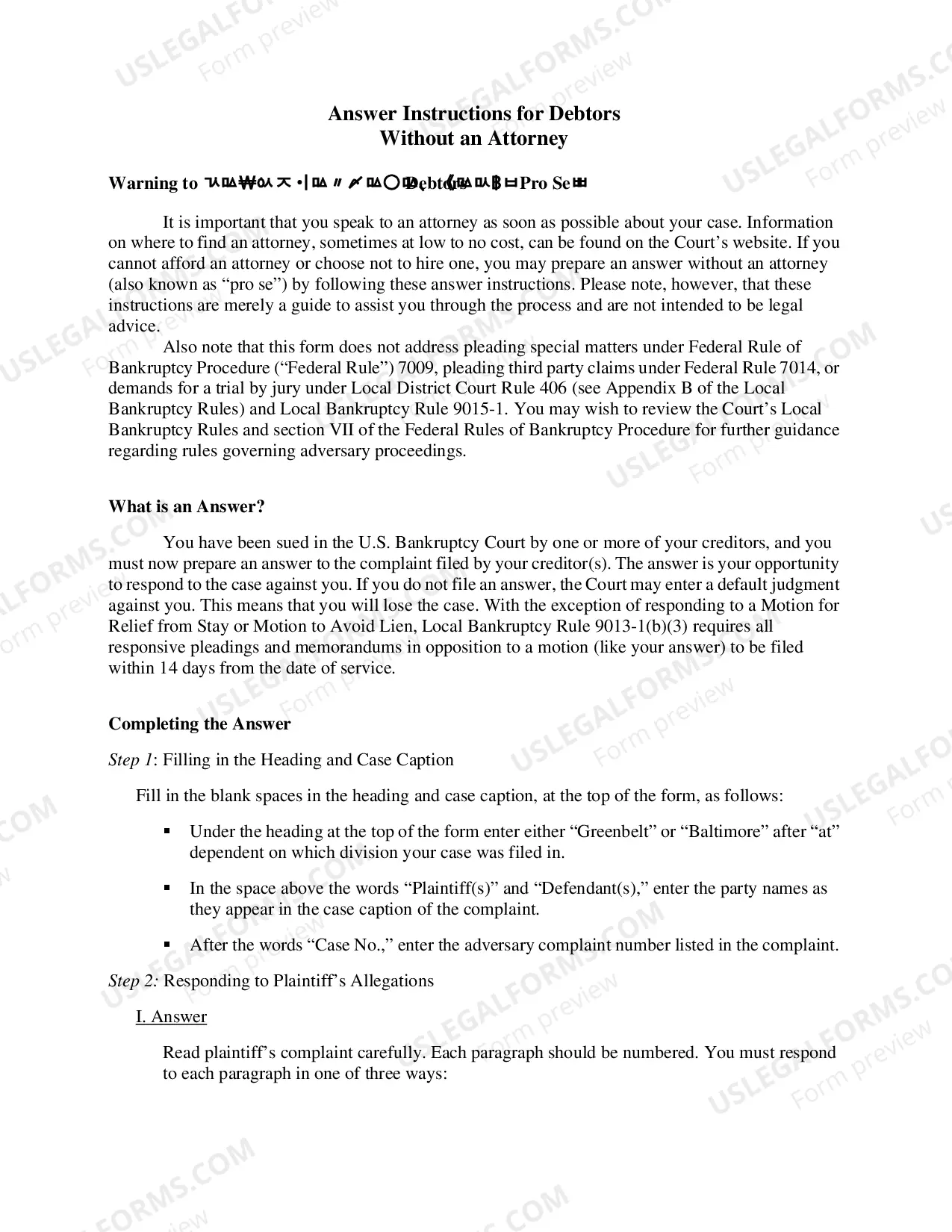 Preview Self-Represented (Pro Se) Answer and Instructions