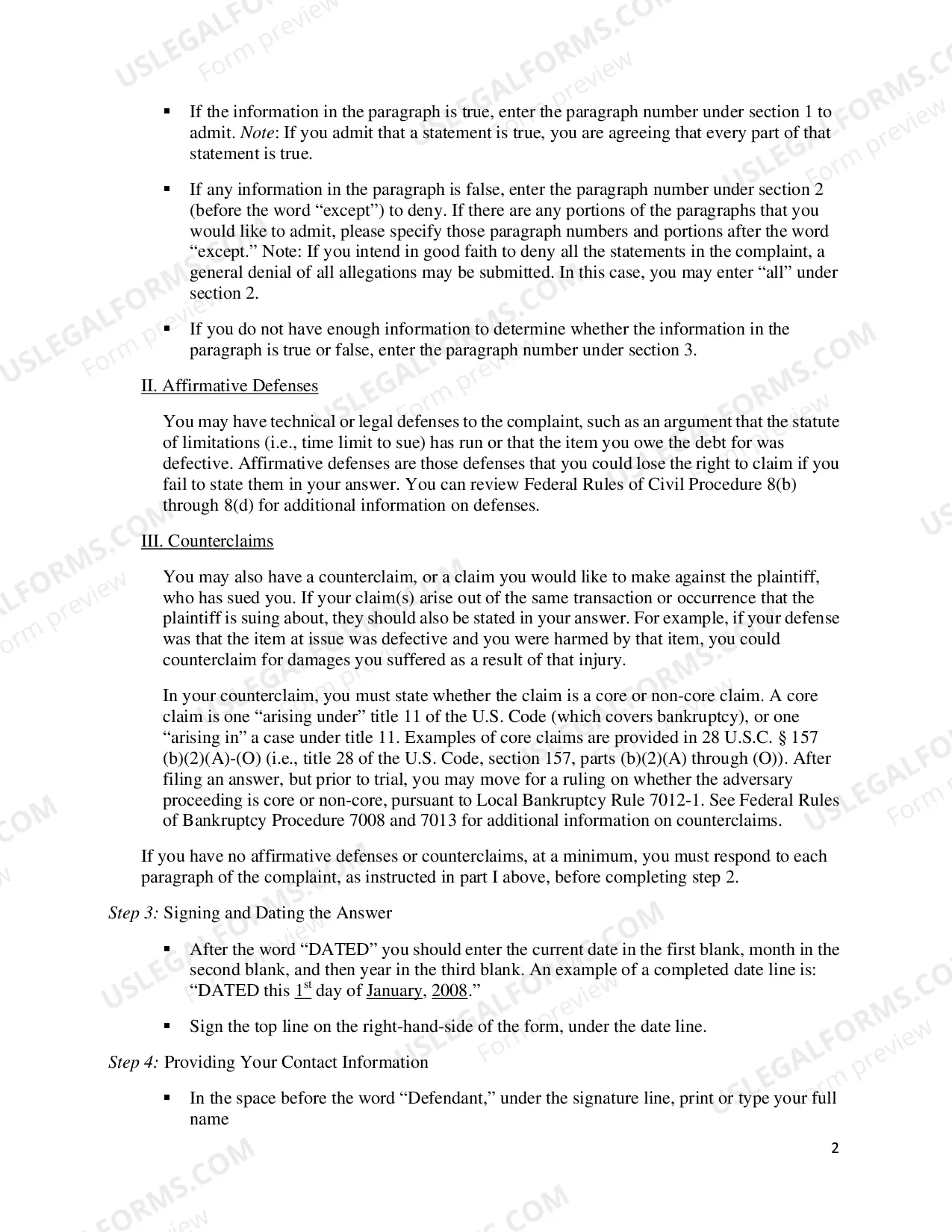 Preview Self-Represented (Pro Se) Answer and Instructions
