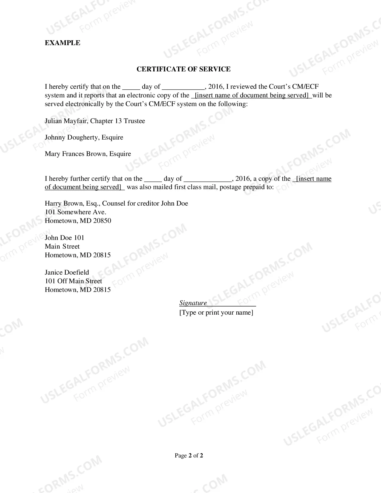 Preview Certificate of Service ( Example for Attorneys and Other Authorized CM/ECF Users )