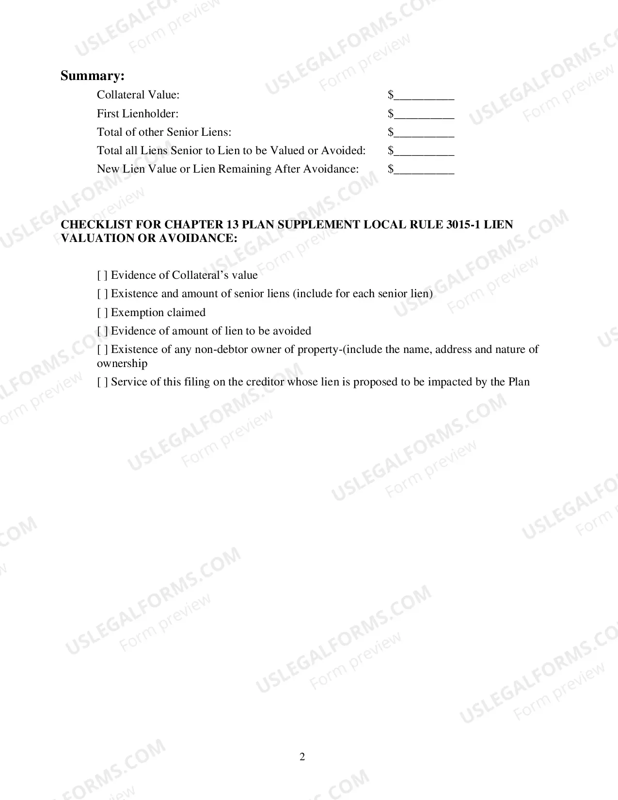 Preview Chapter 13 Plan Supplemental Form - 506 Lien Value or Avoid