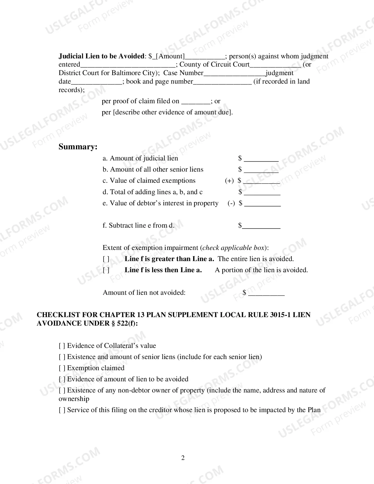 Preview Chapter 13 Supplemental Form - Judicial Lien