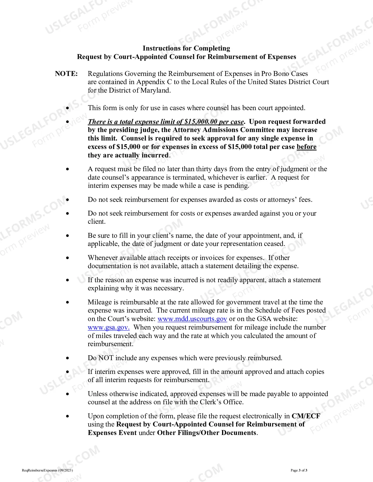 Preview Request by Court Appointed Counsel for Reimbursement of Expenses