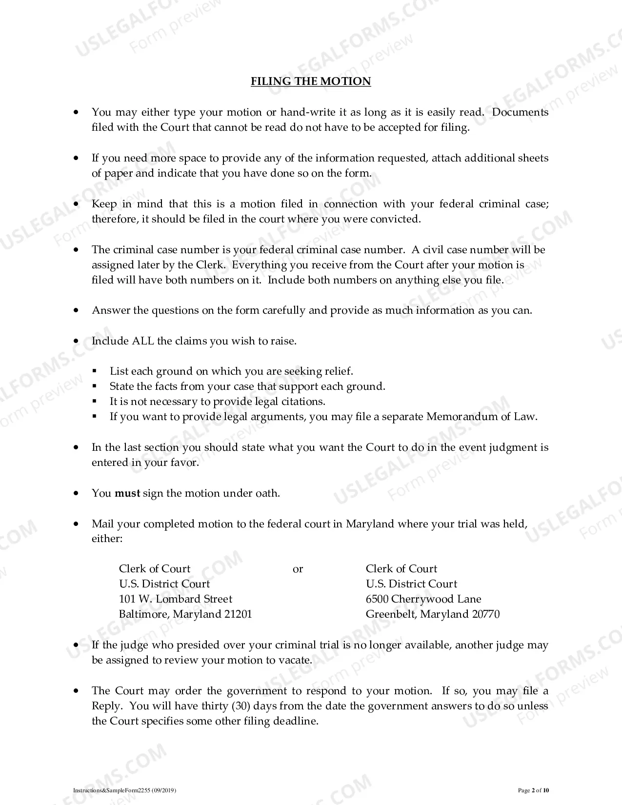Preview Instructions and Forms for Filing a Motion to Vacate, Set Aside, or Correct Sentence Under 28 USC Sec. 2255