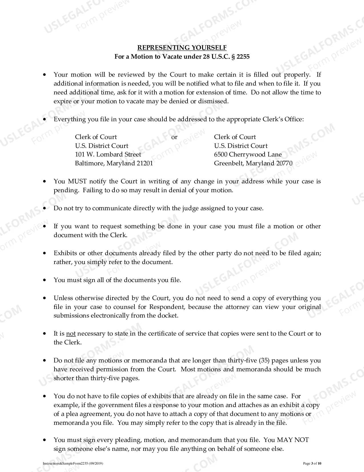 Preview Instructions and Forms for Filing a Motion to Vacate, Set Aside, or Correct Sentence Under 28 USC Sec. 2255