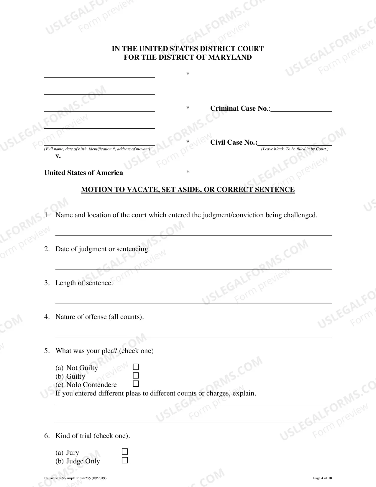 Preview Instructions and Forms for Filing a Motion to Vacate, Set Aside, or Correct Sentence Under 28 USC Sec. 2255