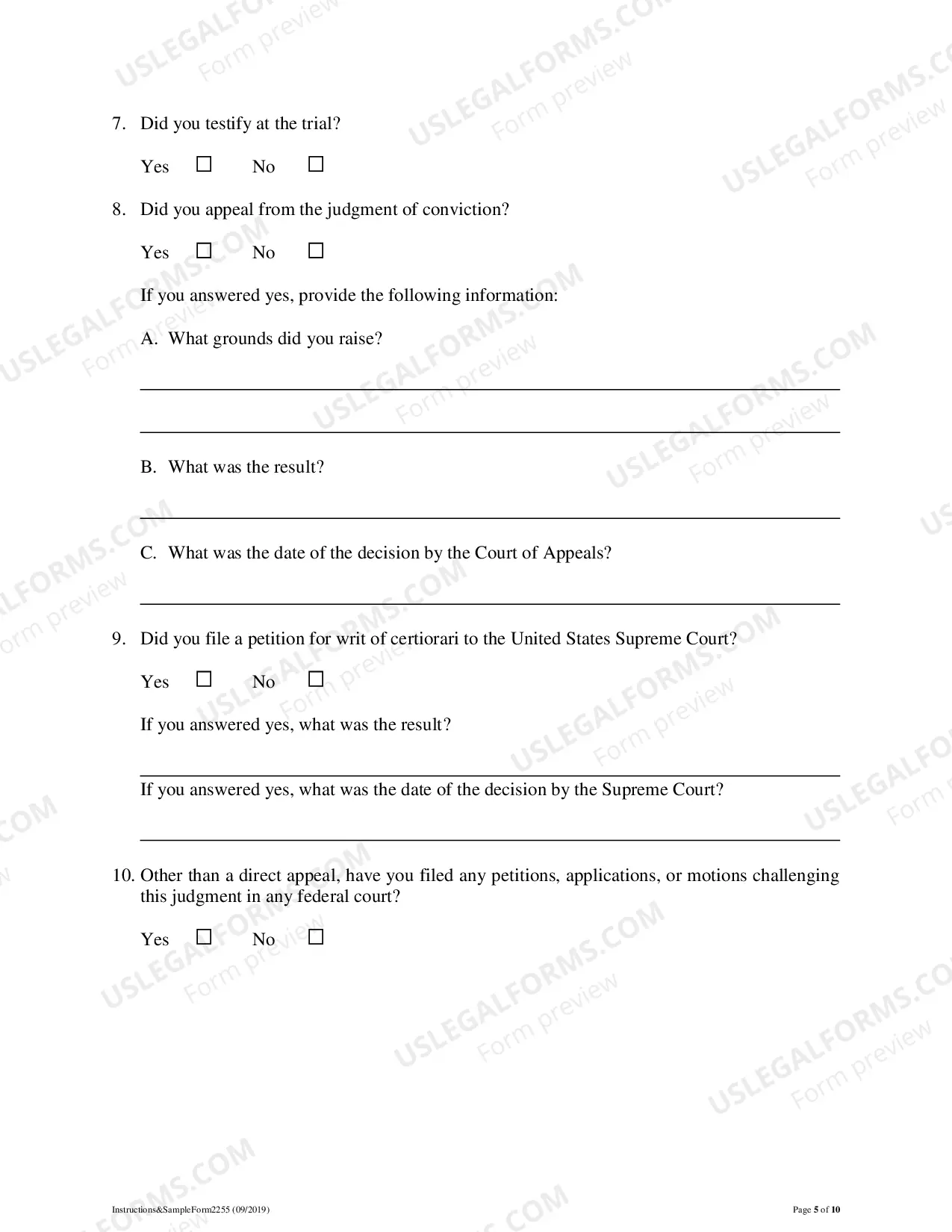 Preview Instructions and Forms for Filing a Motion to Vacate, Set Aside, or Correct Sentence Under 28 USC Sec. 2255
