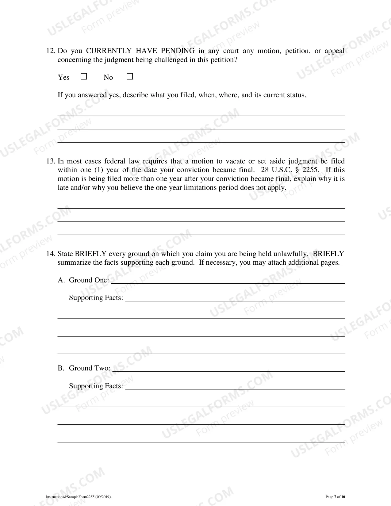 Preview Instructions and Forms for Filing a Motion to Vacate, Set Aside, or Correct Sentence Under 28 USC Sec. 2255