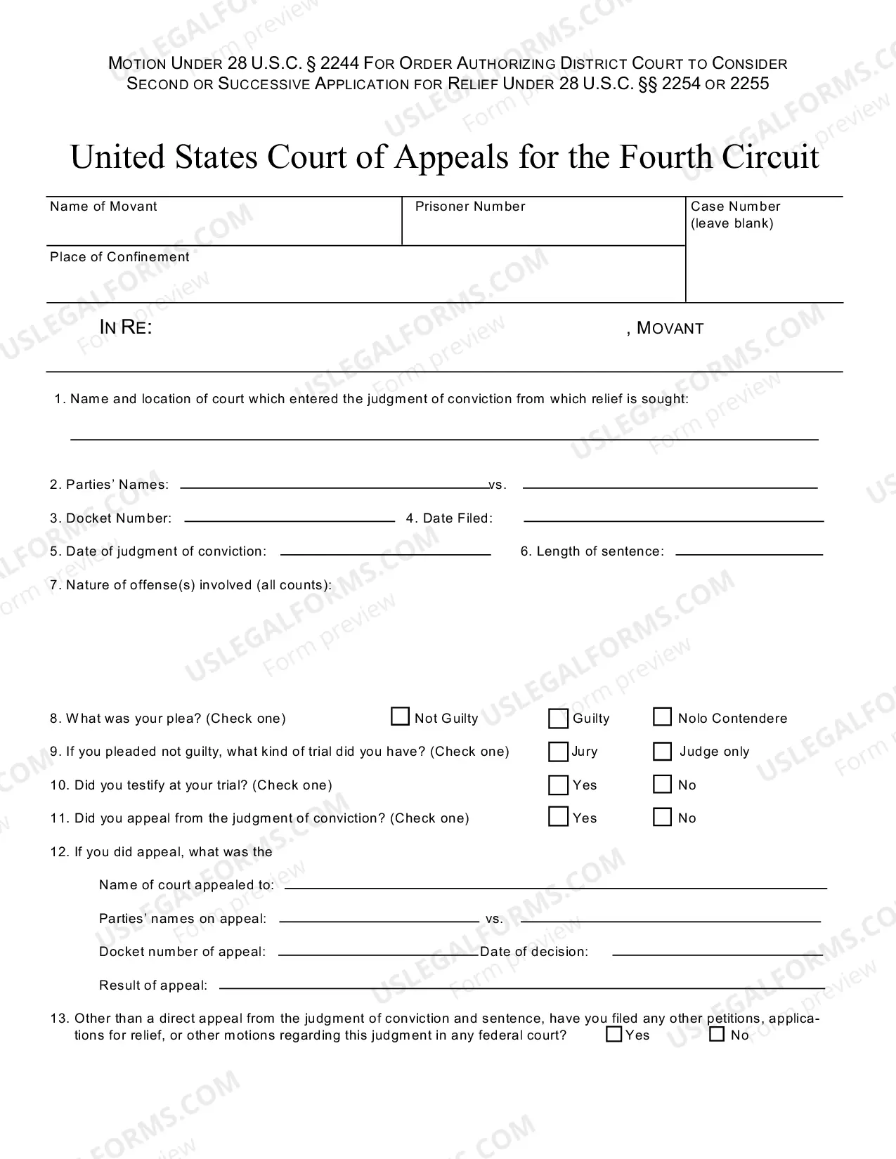 Preview Instructions and Forms for Filing a Motion for Authorization to File a Successive Habeas Corpus Petition Under 28 USC Sec. 2244