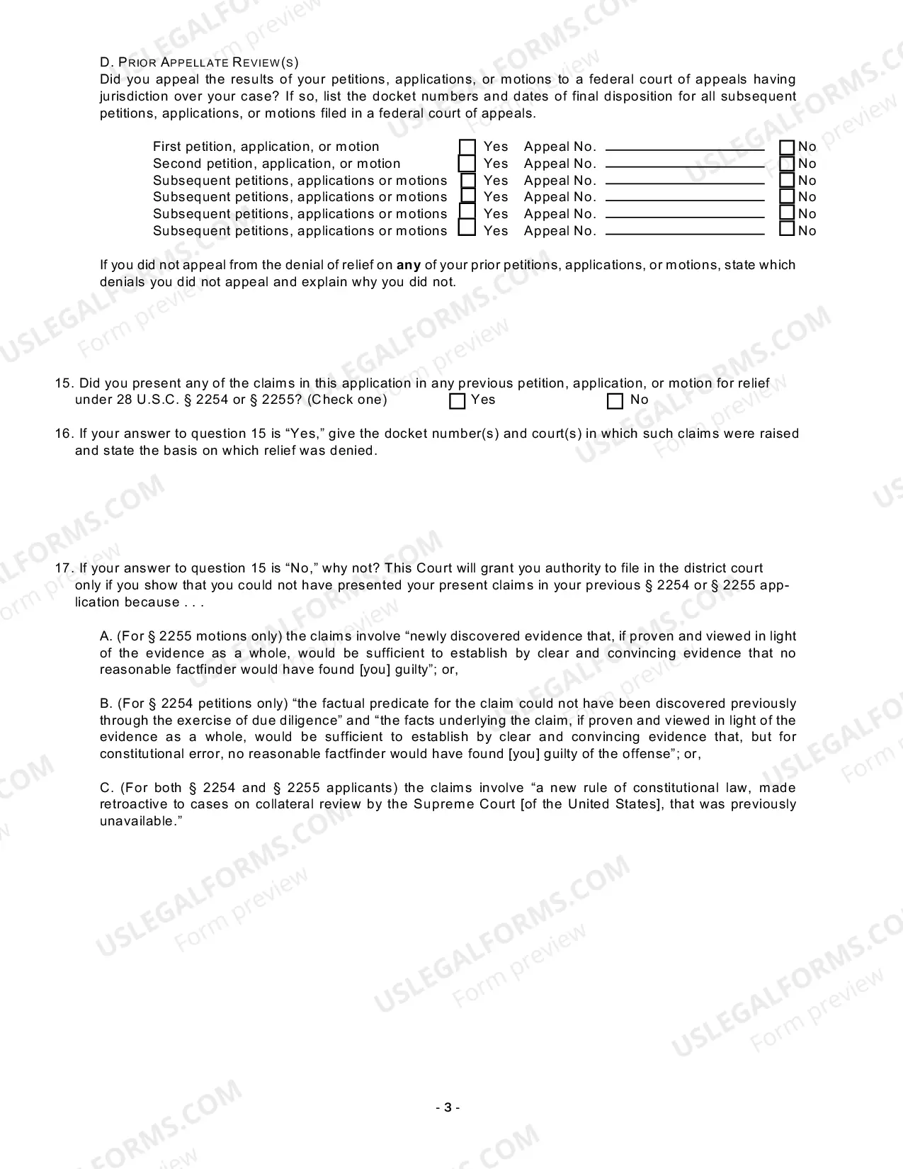 Preview Instructions and Forms for Filing a Motion for Authorization to File a Successive Habeas Corpus Petition Under 28 USC Sec. 2244