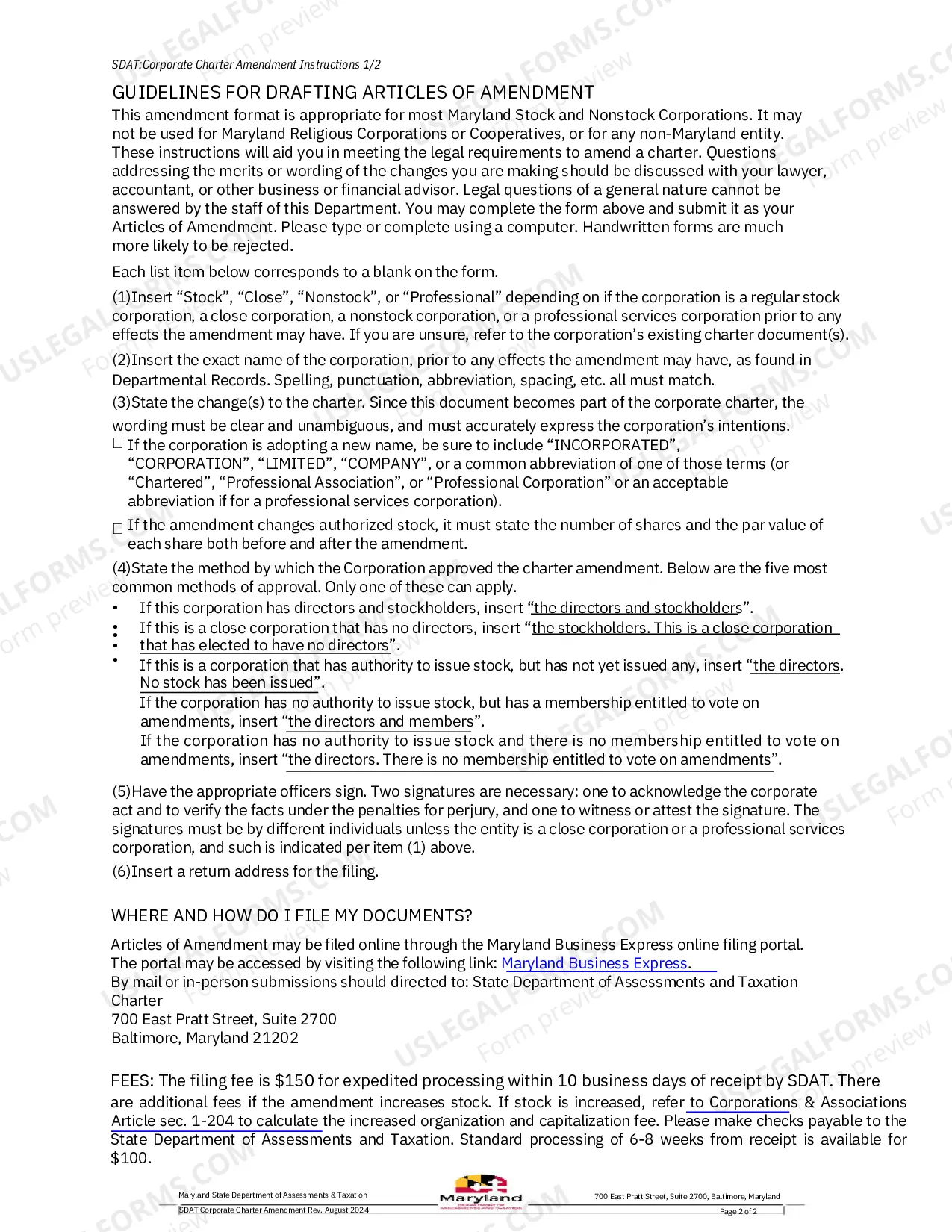 Preview Articles of Amendment (Corporation)