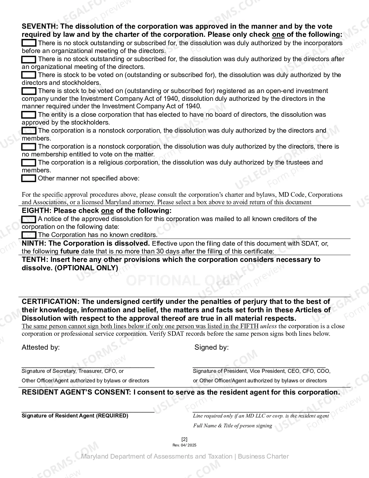 Preview Articles of Dissolution (Domestic Corporation)