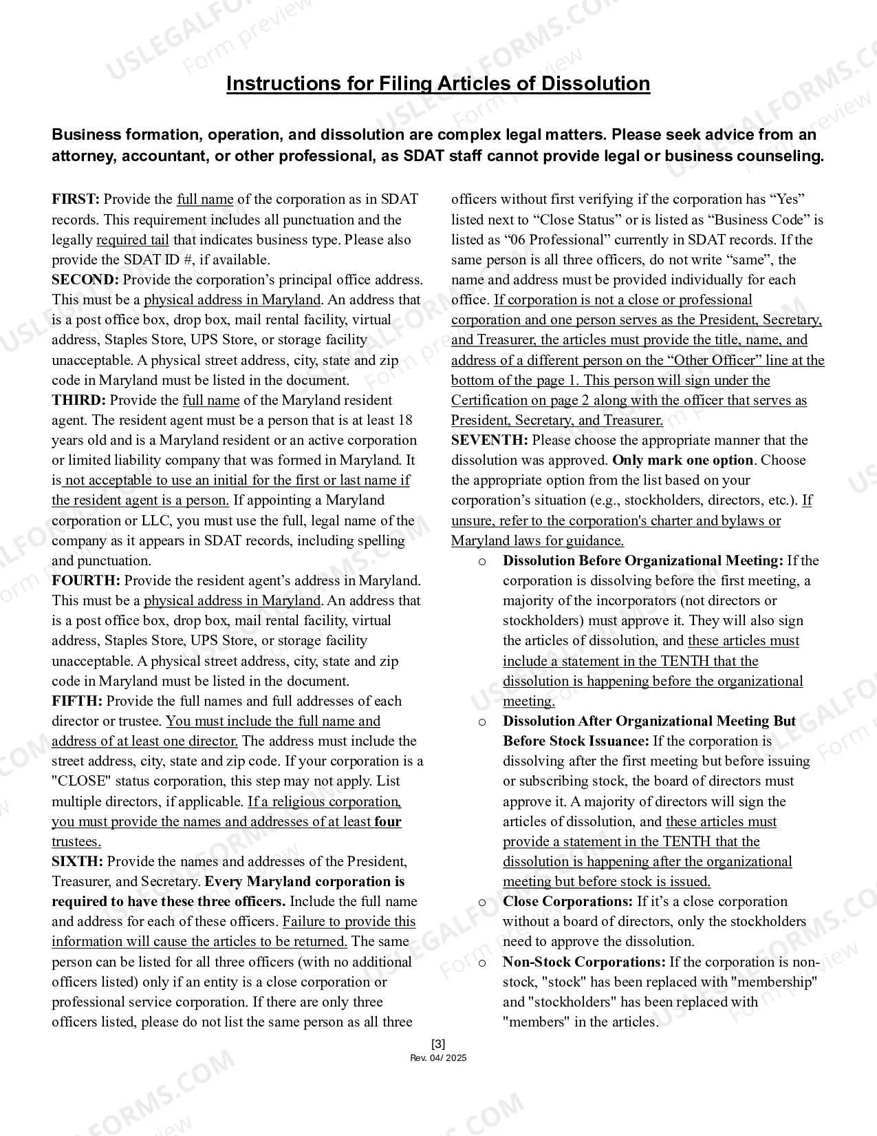 Preview Articles of Dissolution (Domestic Corporation)
