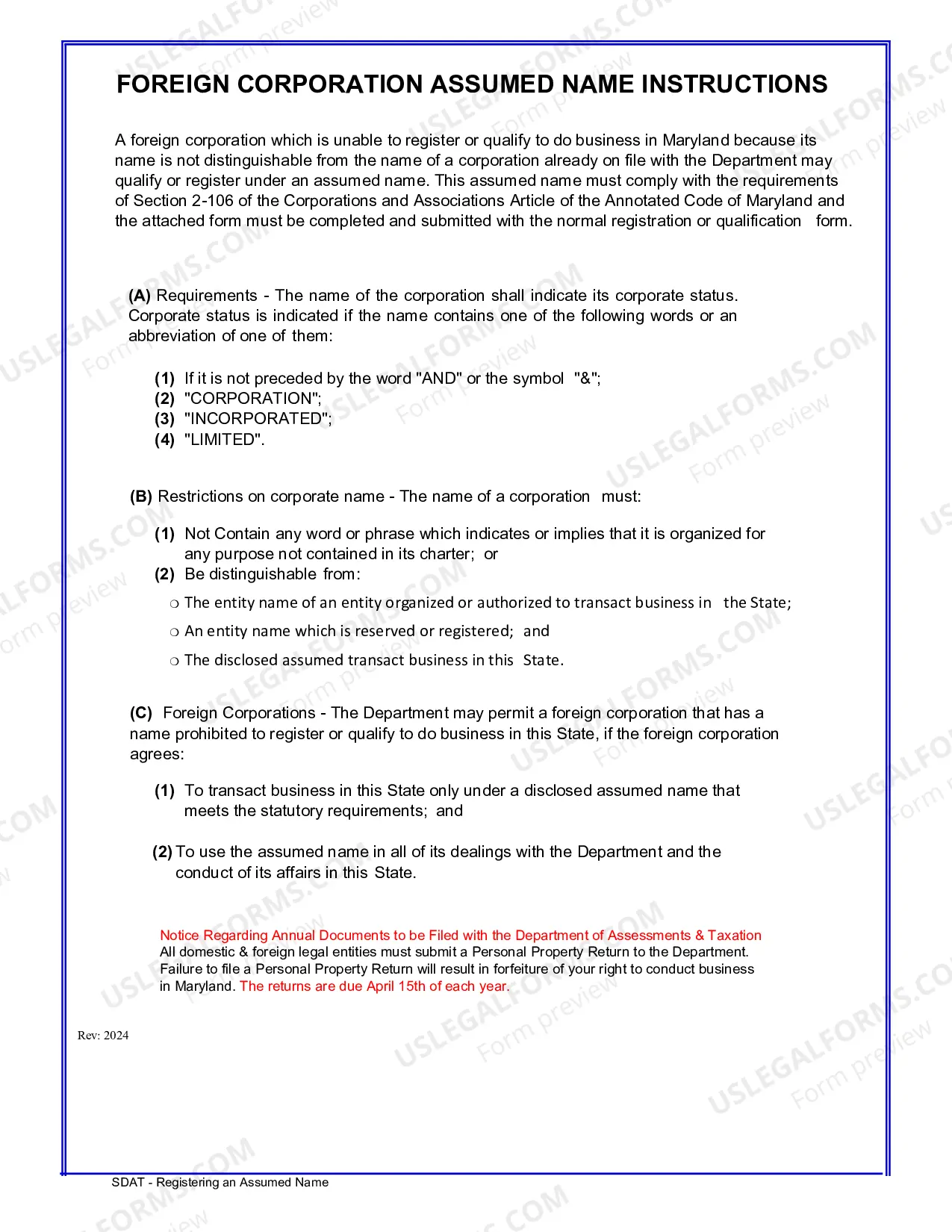 Preview Foreign Corporation Assumed Name form and instructions