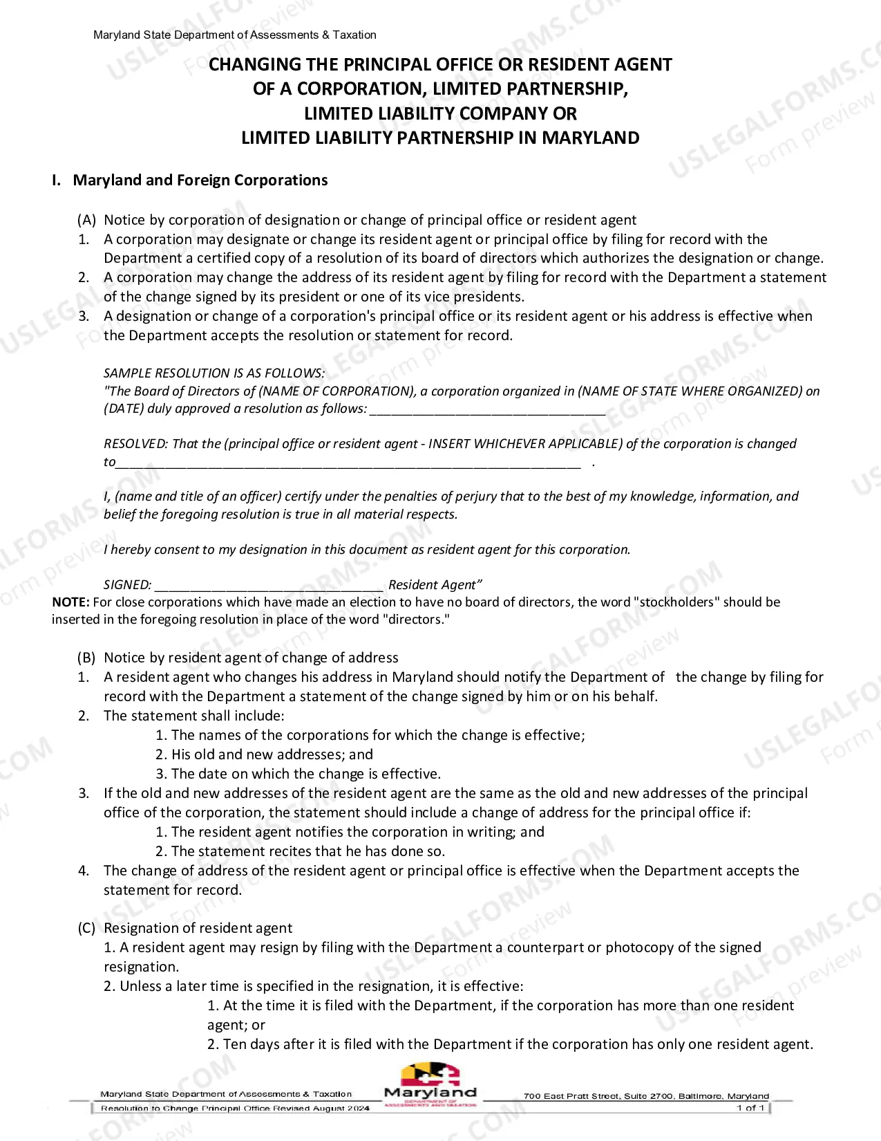 Preview Resolution To Change Principal Office Or Resident Agent