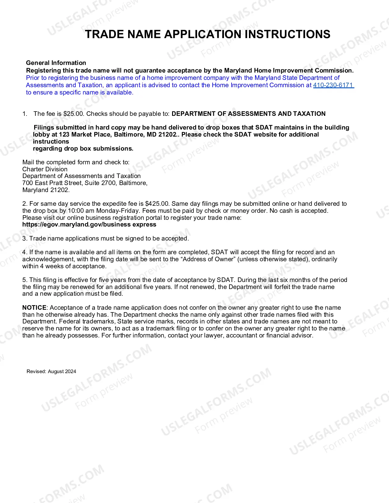 Preview Trade Name Application (Registration) and instructions