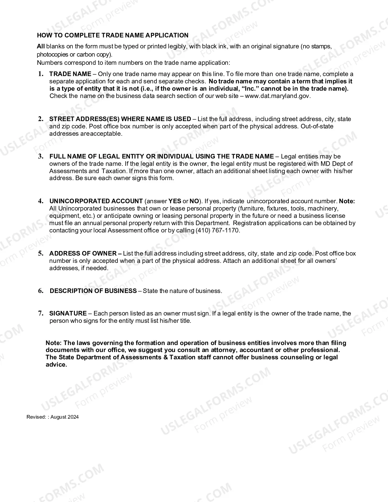 Preview Trade Name Application (Registration) and instructions