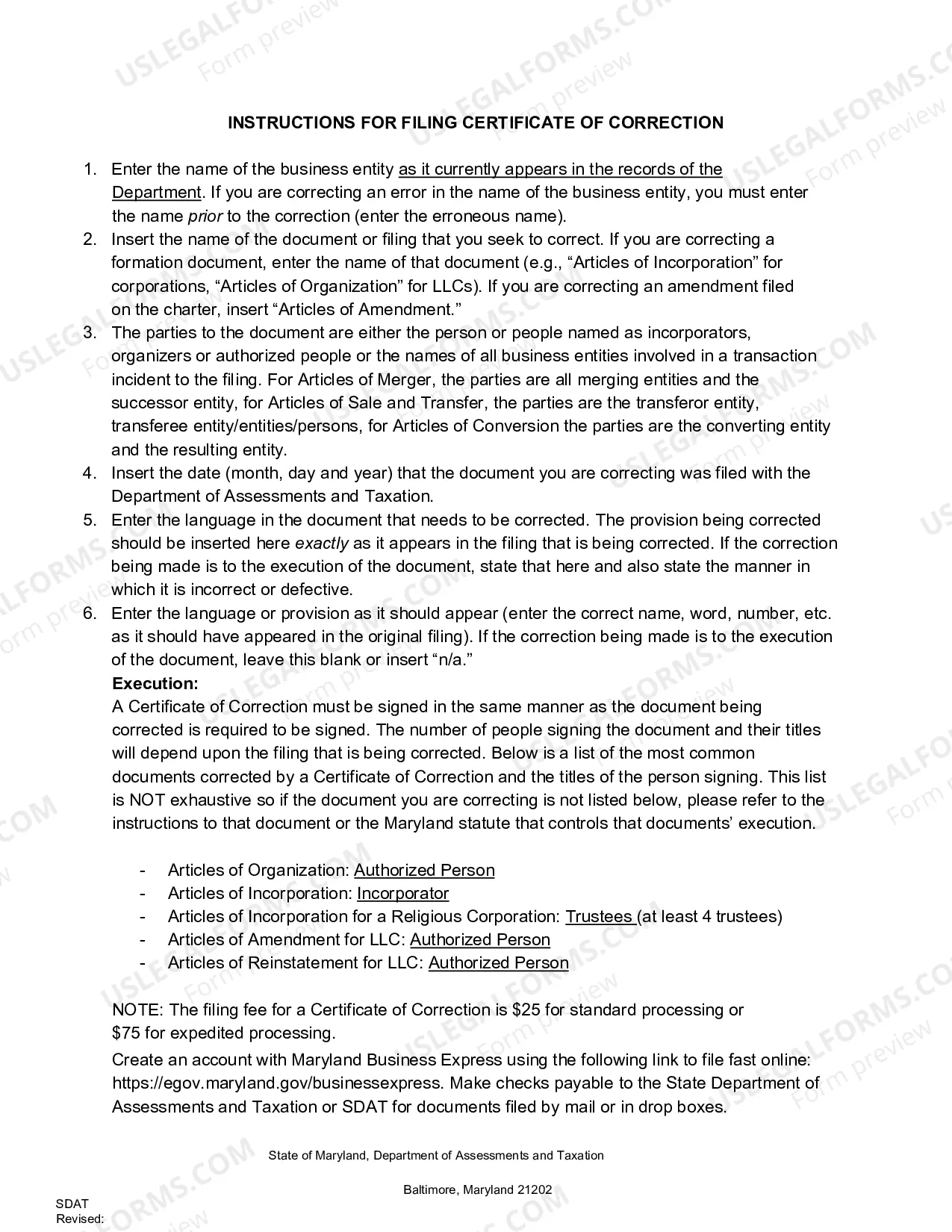 Preview Certificate of Correction Form and Instruction