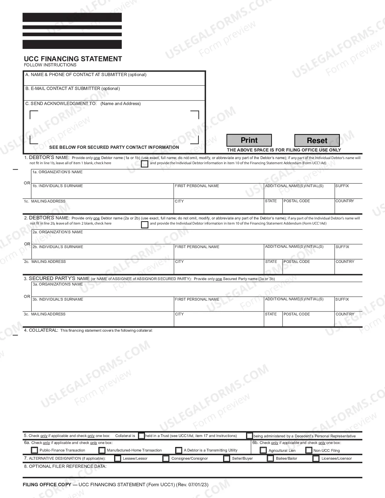 Preview UCC1 - National UCC Financing Statement and instructions
