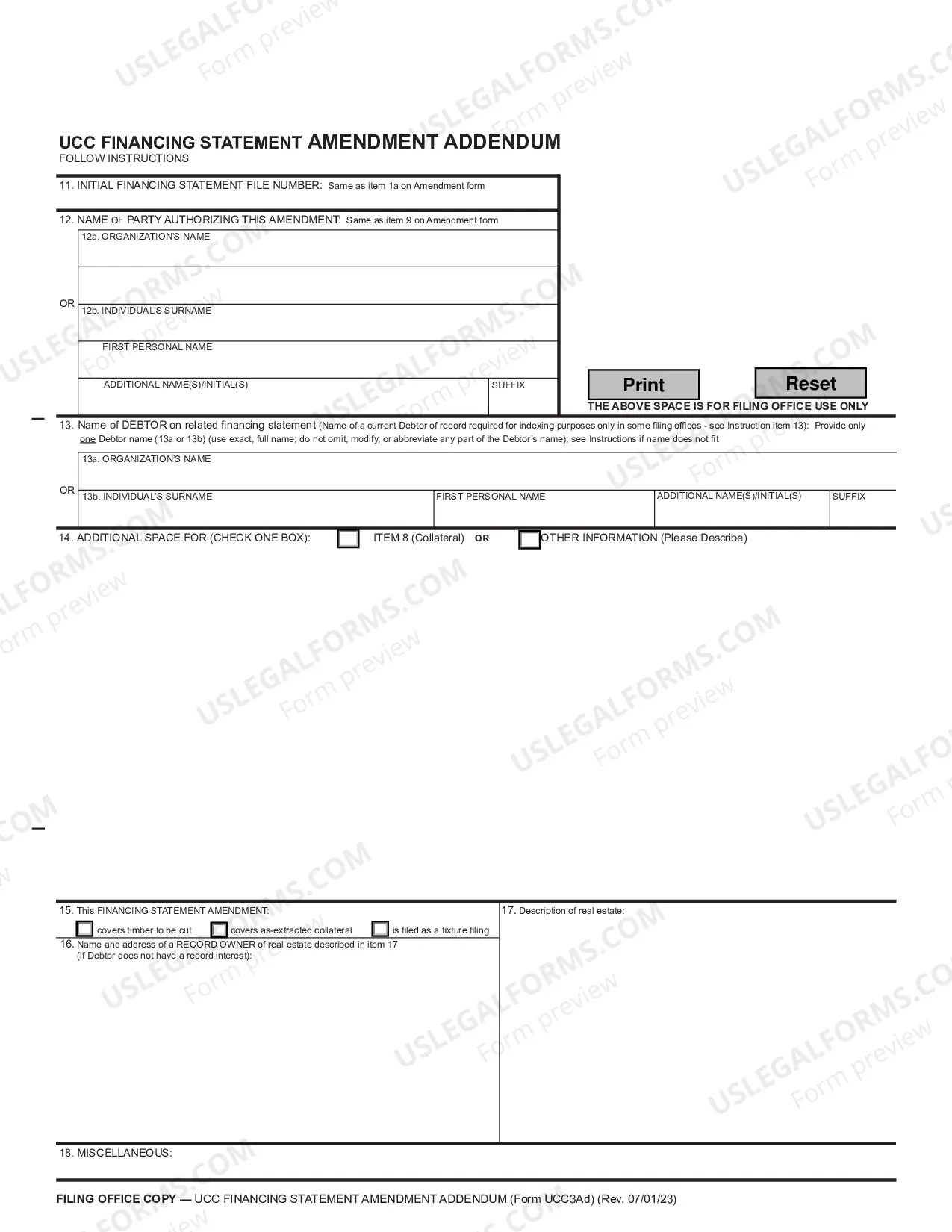 Preview UCC3Ad - National Financing Statement Amendment Addendum and instructions