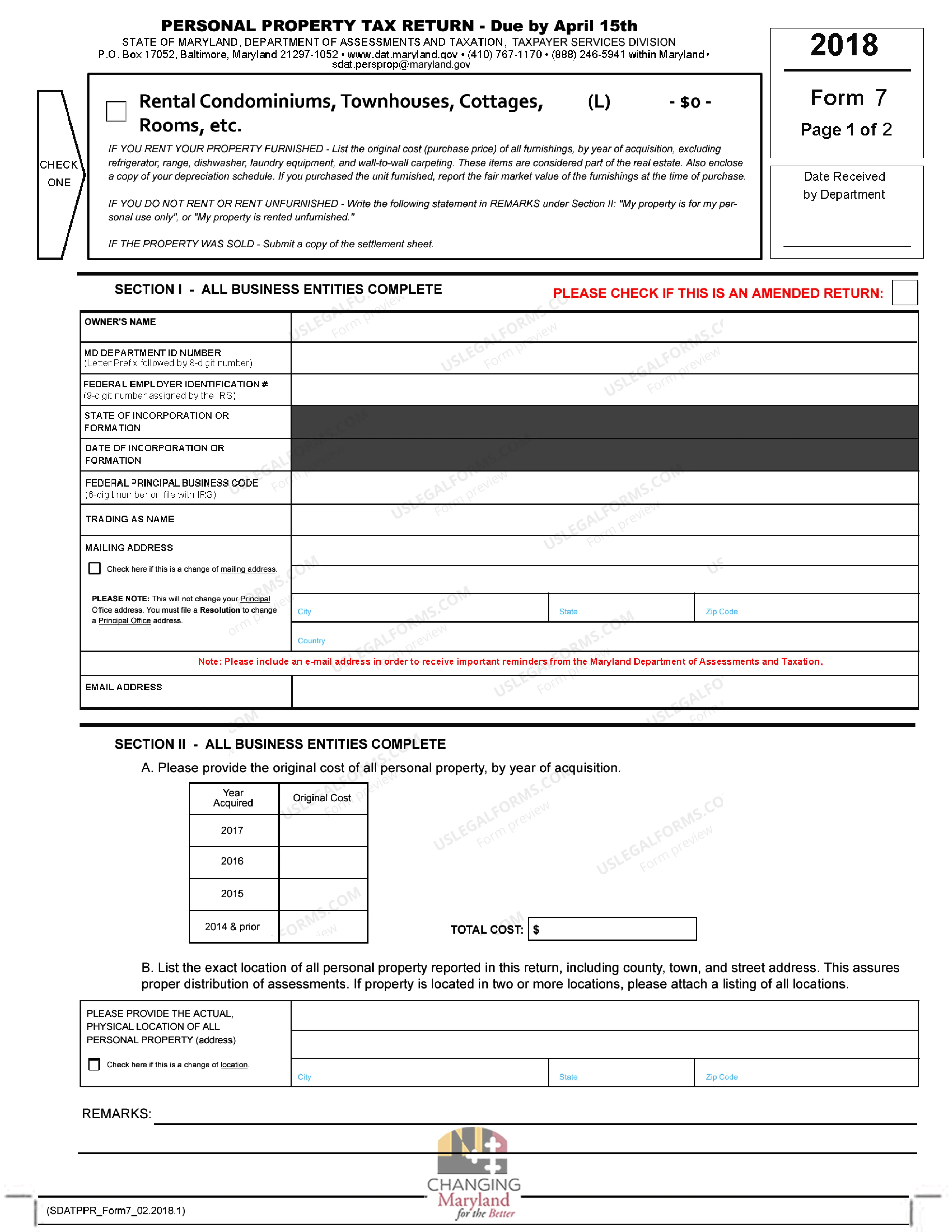 Preview 2018 Form 7 - Condominiums, Townhouses, Cottages and Room Rentals