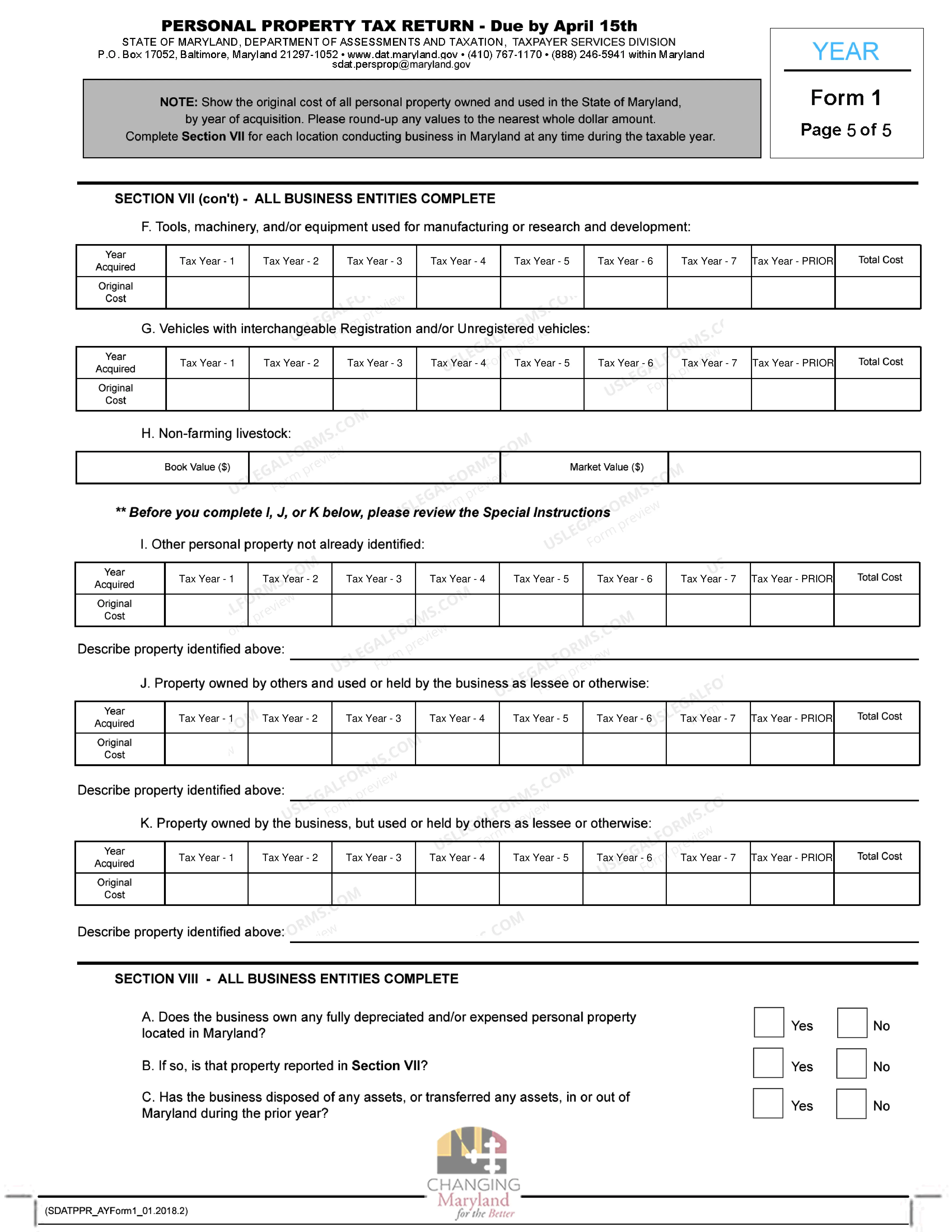 Preview Any Year Form 1 - Annual Report and Personal Property Tax Return