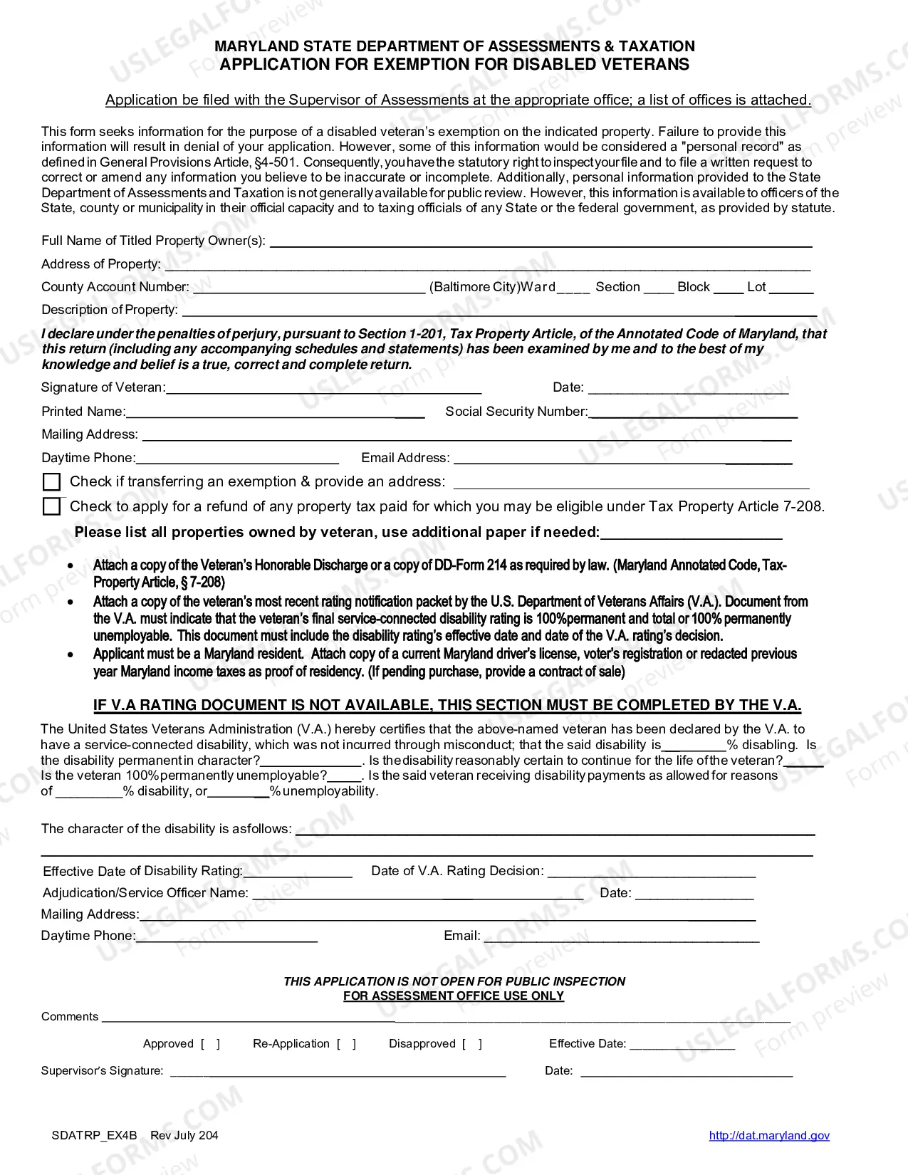 Preview 100% Disabled Veteran Exemption Application
