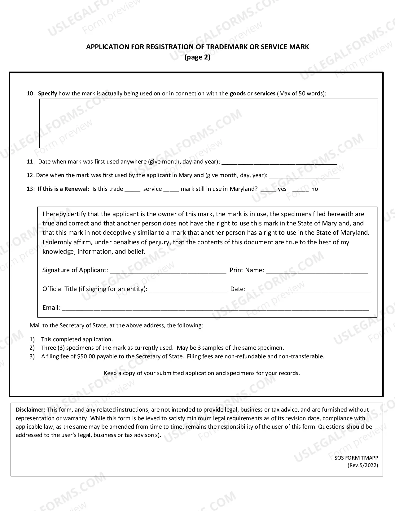 Preview Trademark Or Service Mark Registration Or Renewal Form