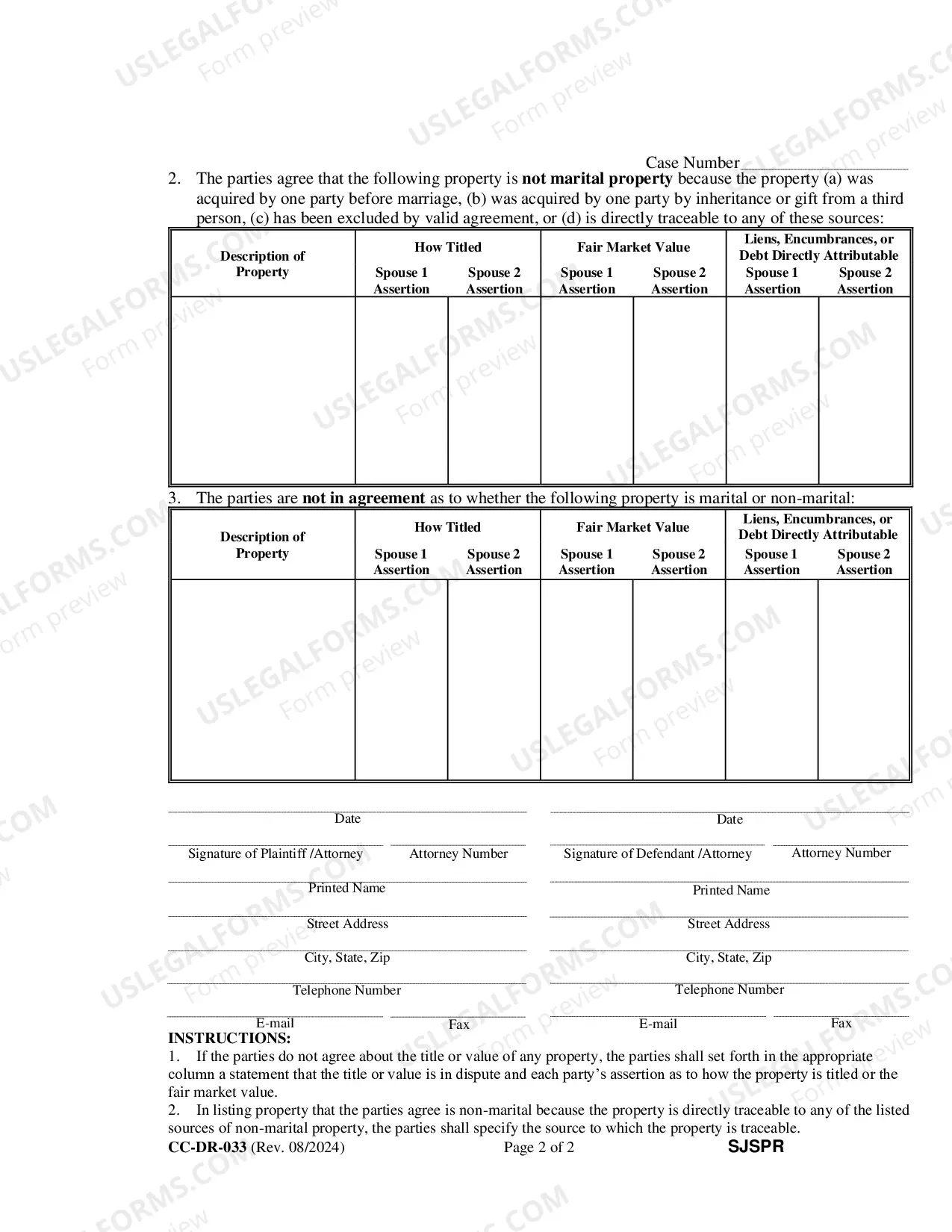 Preview Joint Statement of Parties Concerning Marital And Non Marital Property
